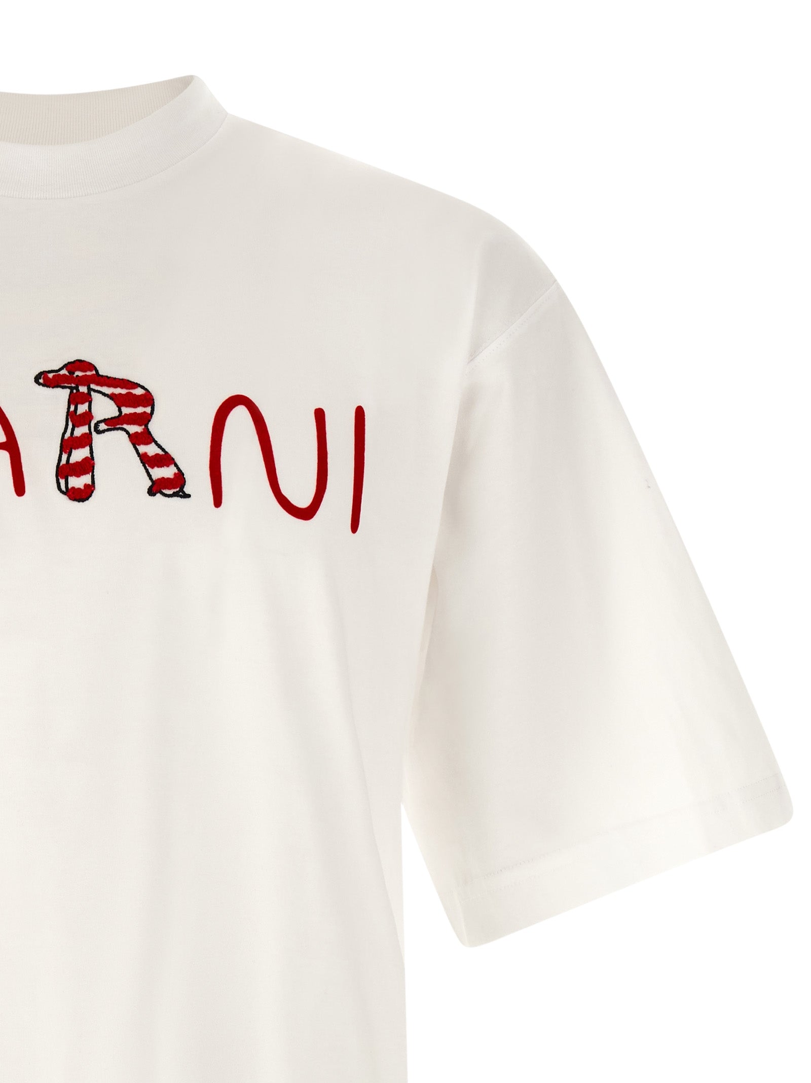 Elevate your wardrobe with the Marni White Cotton T-Shirt, a luxurious blend of comfort and style, featuring exquisite velvet flocked logo and intricate embroidery.