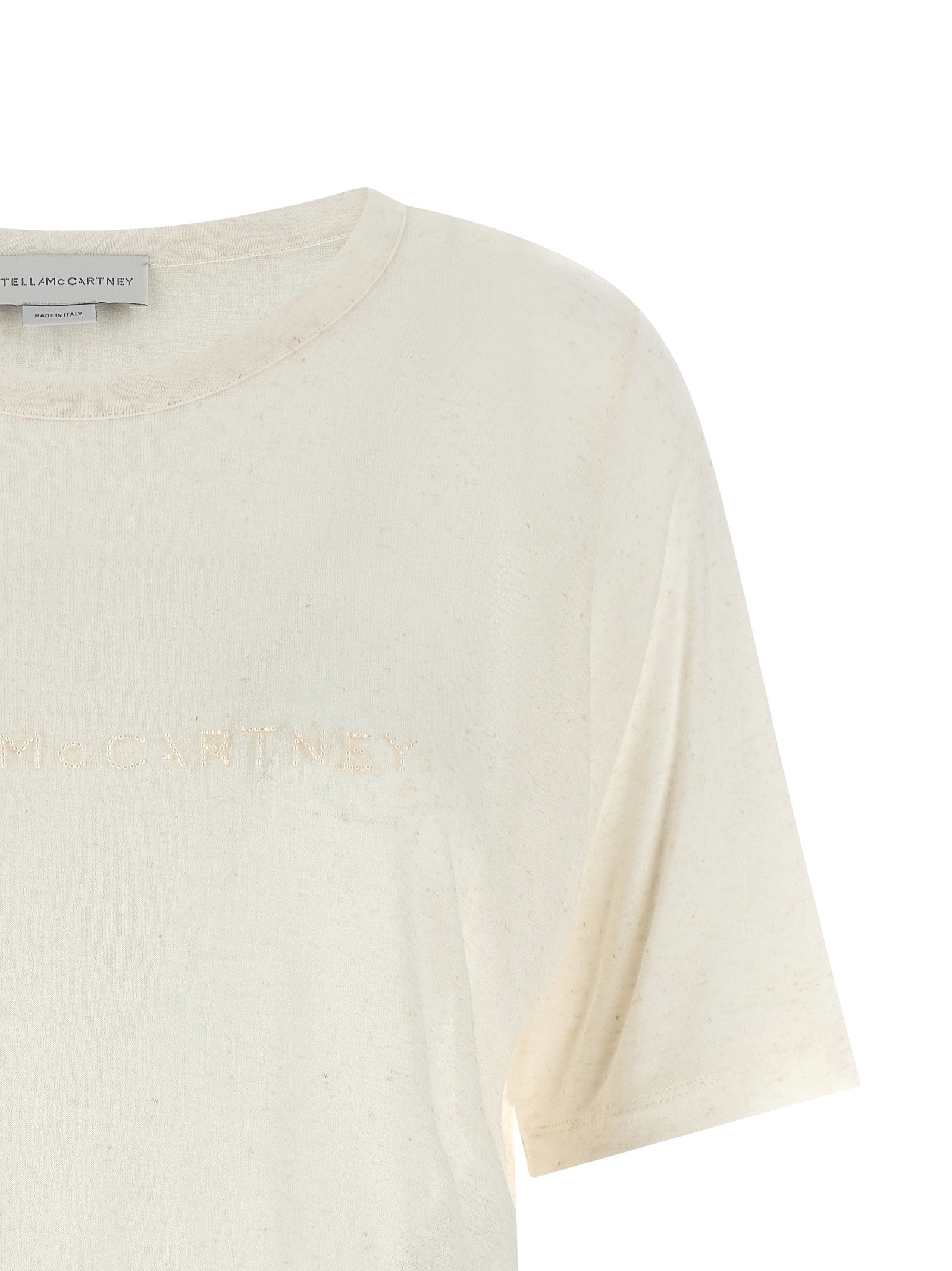 Elevate your wardrobe with the Stella McCartney White Viscose T-Shirt, a masterpiece of Italian craftsmanship featuring luxurious embroidery and a timeless silhouette.