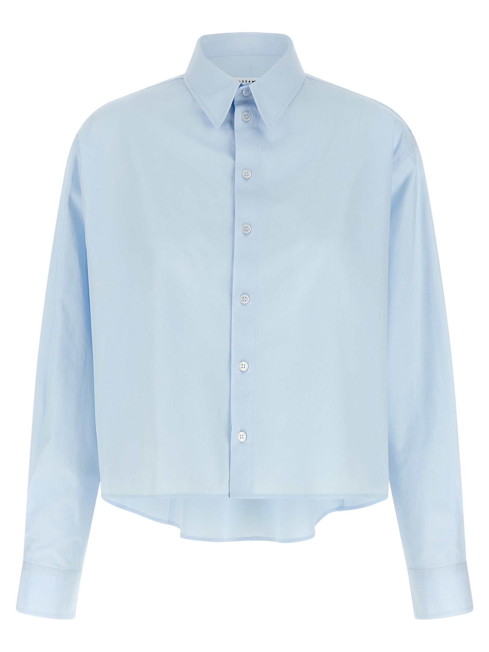 Experience the artisanal elegance of the MM6 Maison Margiela Blue Cotton Blouse, crafted from premium cotton poplin, embodying modern sophistication for discerning tastes.