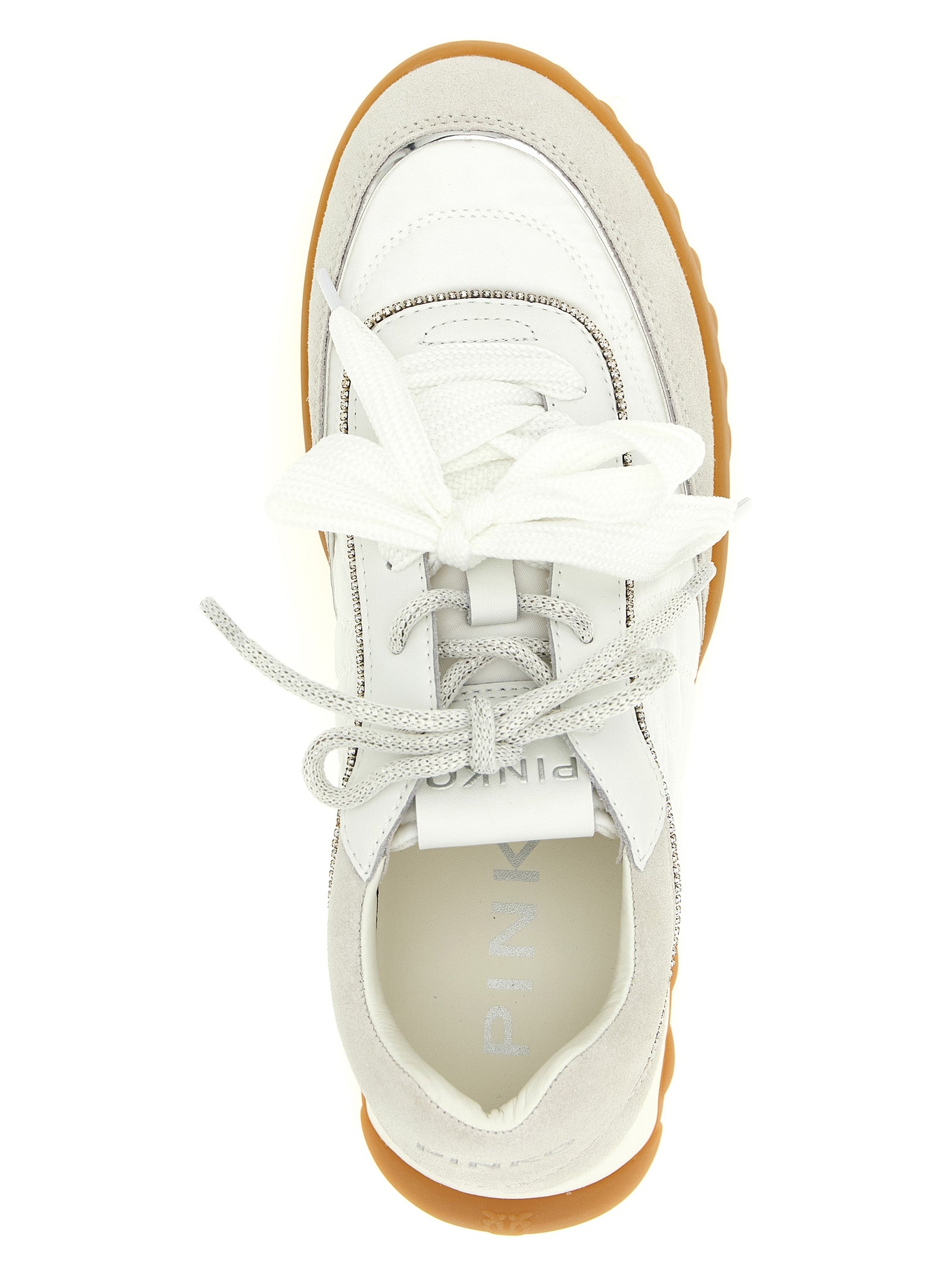 Step into elegance with PINKO's White Calfskin Athletic Sneakers, where luxurious craftsmanship meets bold design, perfect for the discerning fashionista.