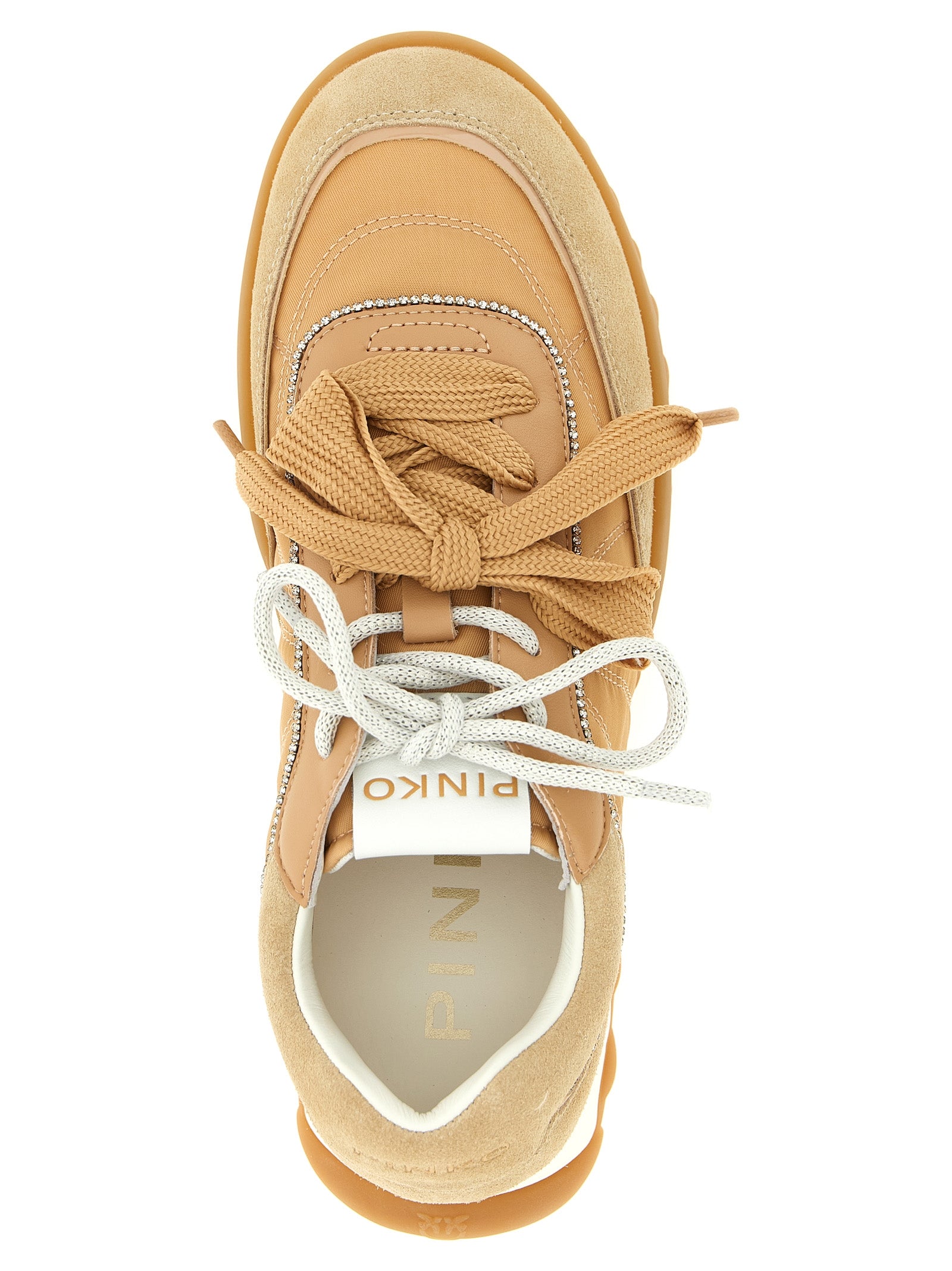 Step into opulence with PINKO's Beige Calfskin Athletic Sneakers from the Gea 02 collection, where exquisite craftsmanship meets bold elegance for the discerning individual.