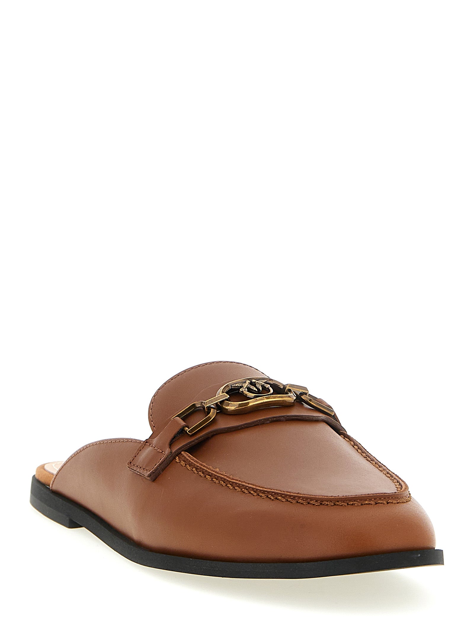 Indulge in the exquisite PINKO Brown Calfskin Flats, where artisanal craftsmanship meets timeless elegance, perfect for the discerning individual seeking sophistication.