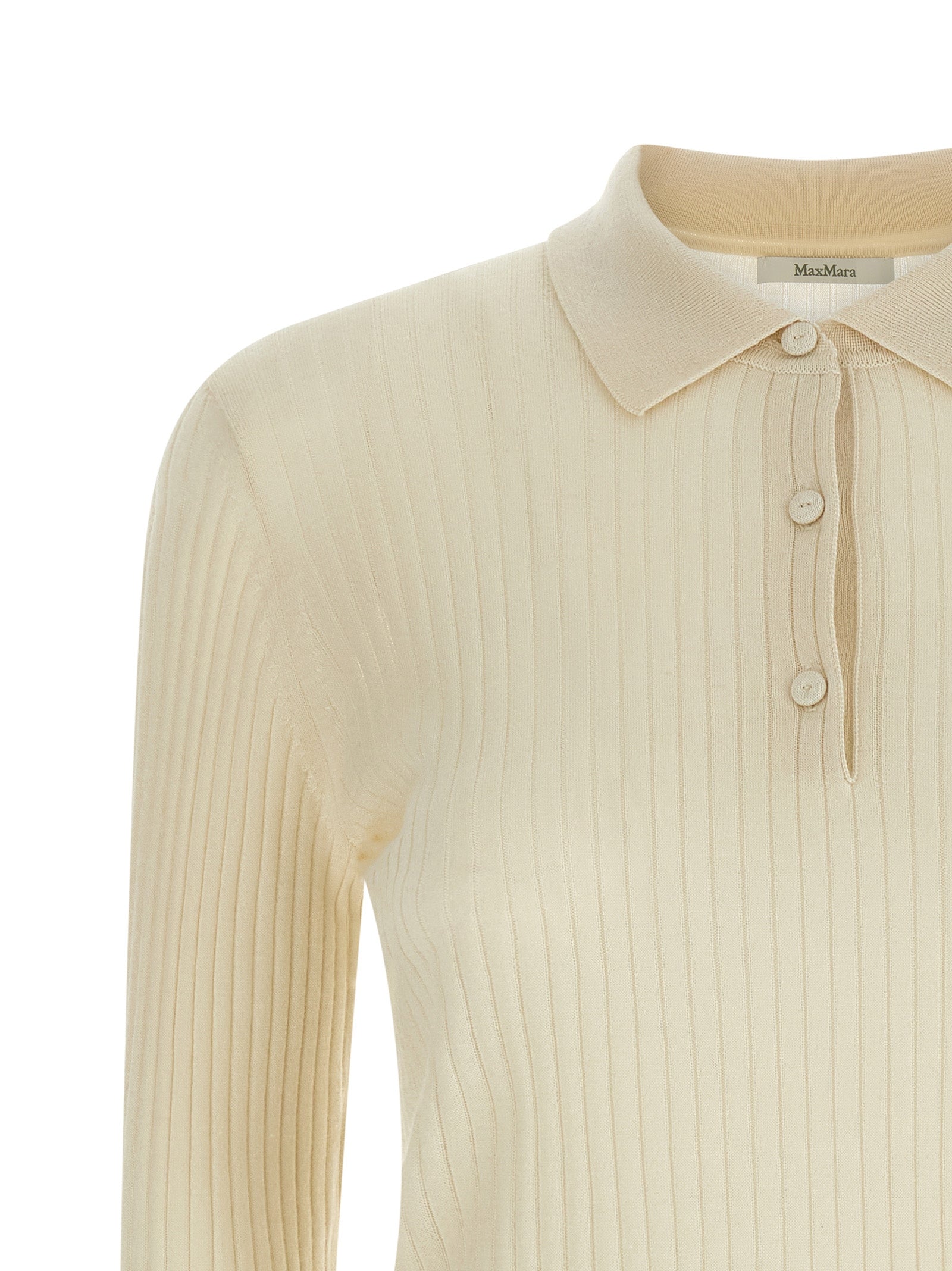 Experience the exquisite allure of the Max Mara White Cashmere Polo Shirt, where luxurious cashmere and silk unite in a timeless piece that embodies sophistication and elegance.