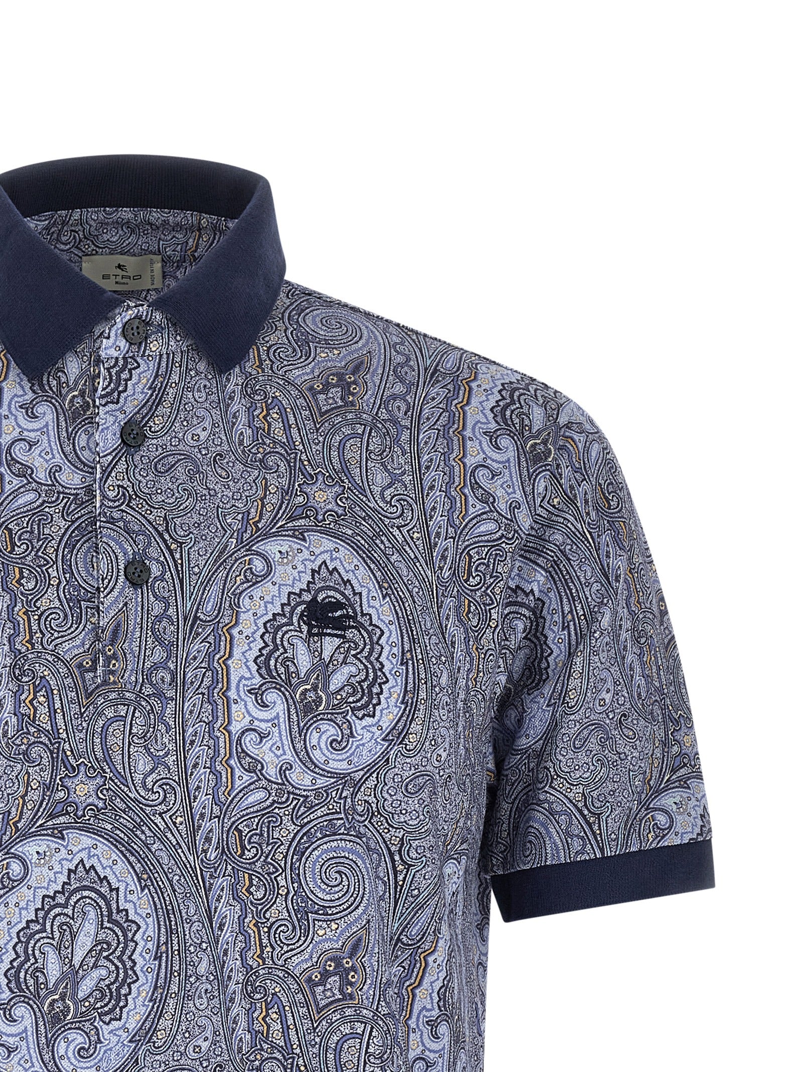 Discover the Etro Blue Cotton Polo Shirt, a masterpiece of artisanal luxury and sophistication, featuring exquisite paisley design and unparalleled comfort.