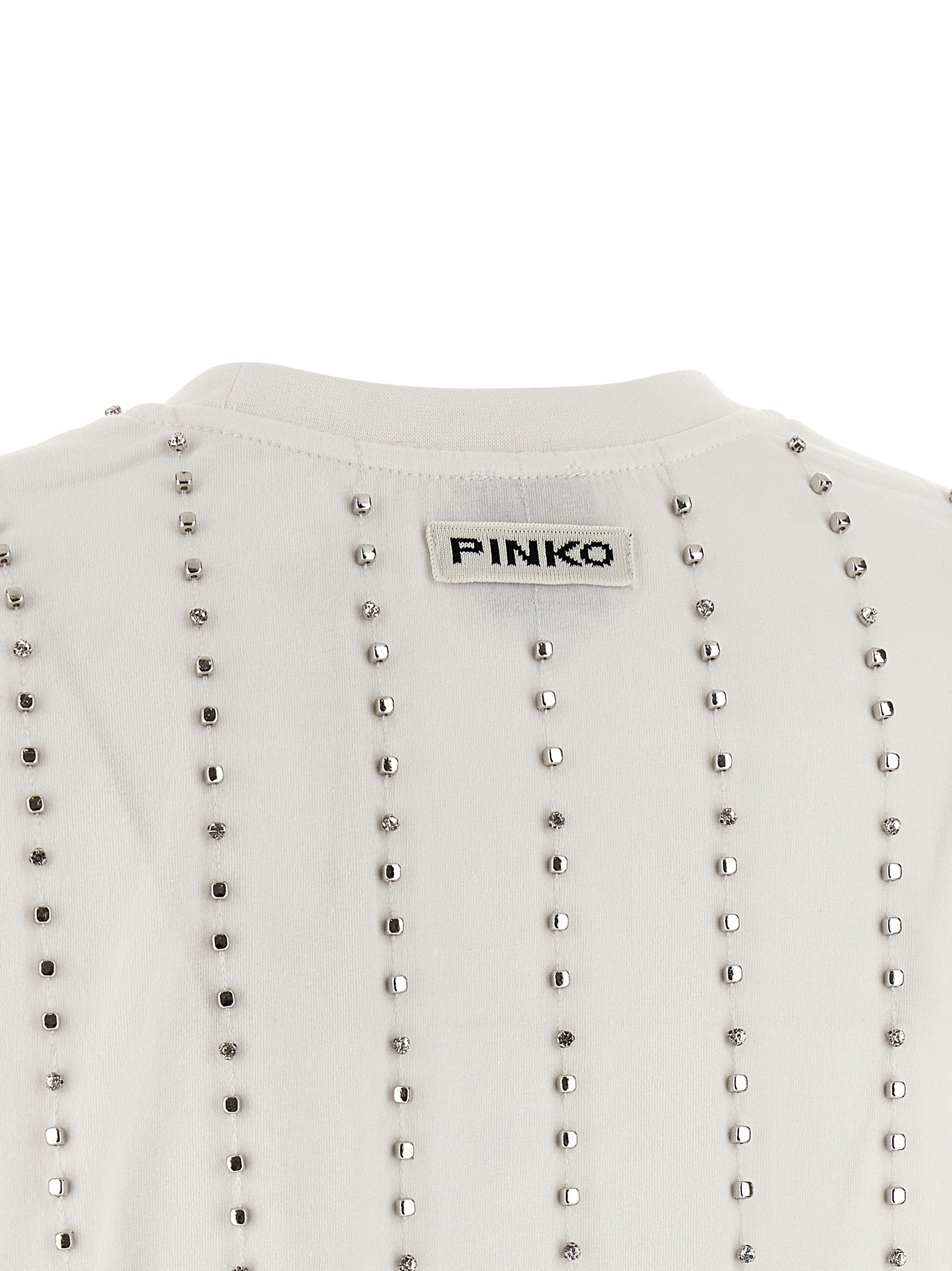 Elevate your style with PINKO's Wilma T-shirt, a luxurious blend of pure cotton and sparkling crystal appliqués, embodying effortless sophistication and artisanal chic.