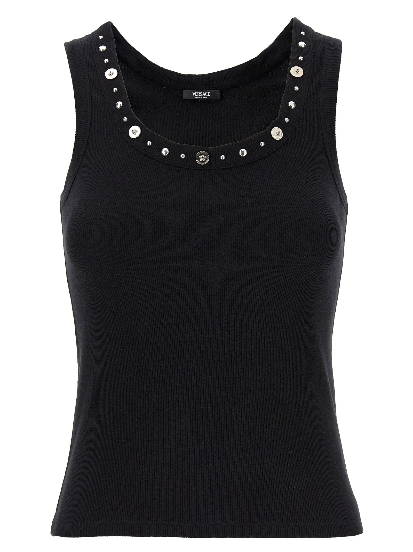 Indulge in the Versace Black Cotton Sleeveless T-Shirt, a luxurious blend of comfort and elegance, crafted in Italy to elevate your style with iconic sophistication.