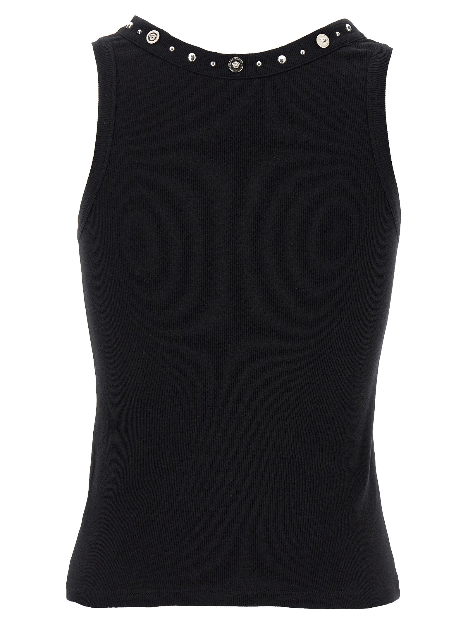 Indulge in the Versace Black Cotton Sleeveless T-Shirt, a luxurious blend of comfort and elegance, showcasing exquisite craftsmanship and iconic design for timeless allure.