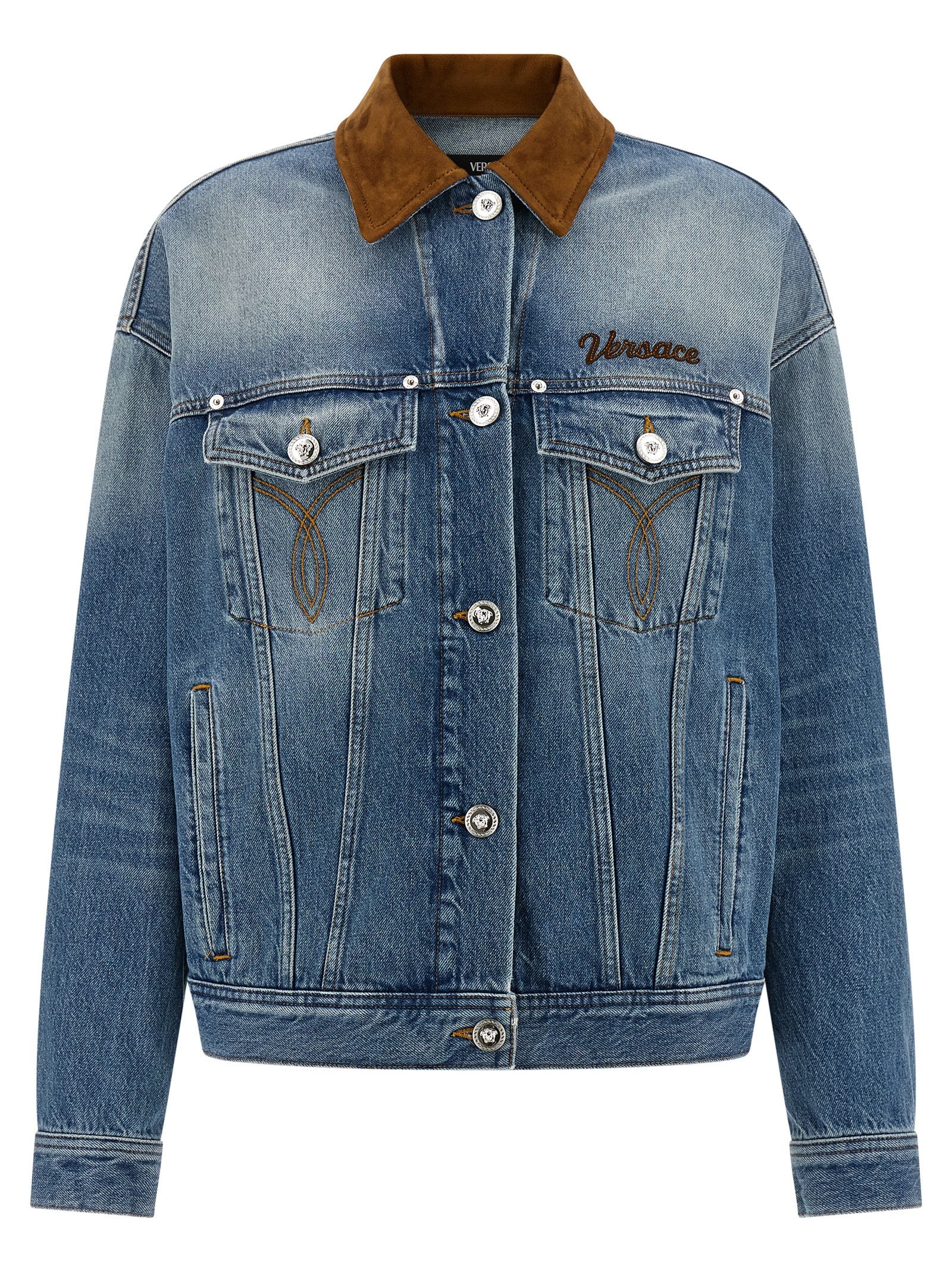 Indulge in the Versace Blue Cotton Denim Jacket, a luxurious blend of artisanal craftsmanship and timeless elegance, perfect for the discerning fashionista.