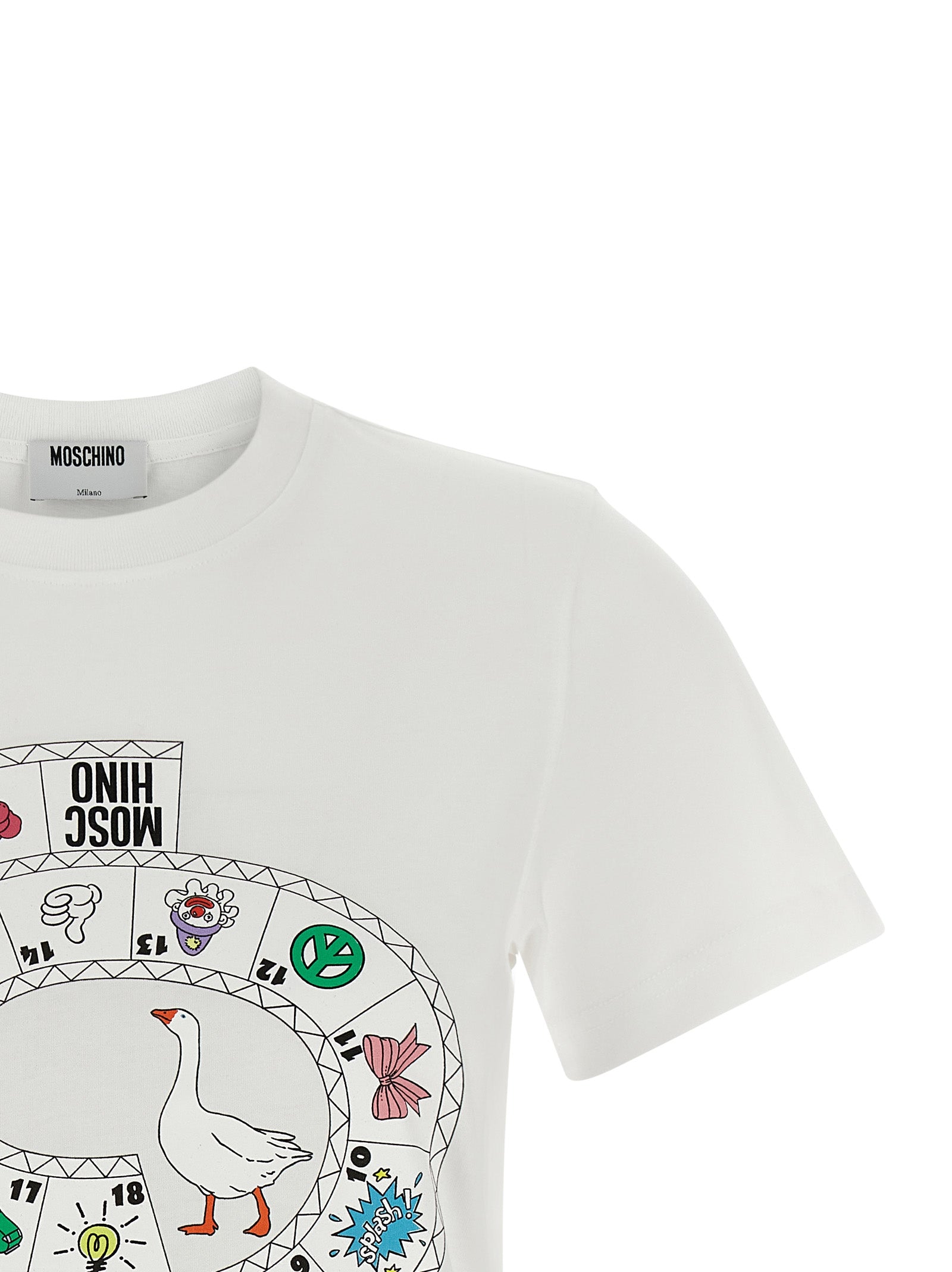 Elevate your wardrobe with the Moschino White Cotton T-Shirt, a luxurious blend of playful artistry and sustainable elegance, perfect for the discerning individual.