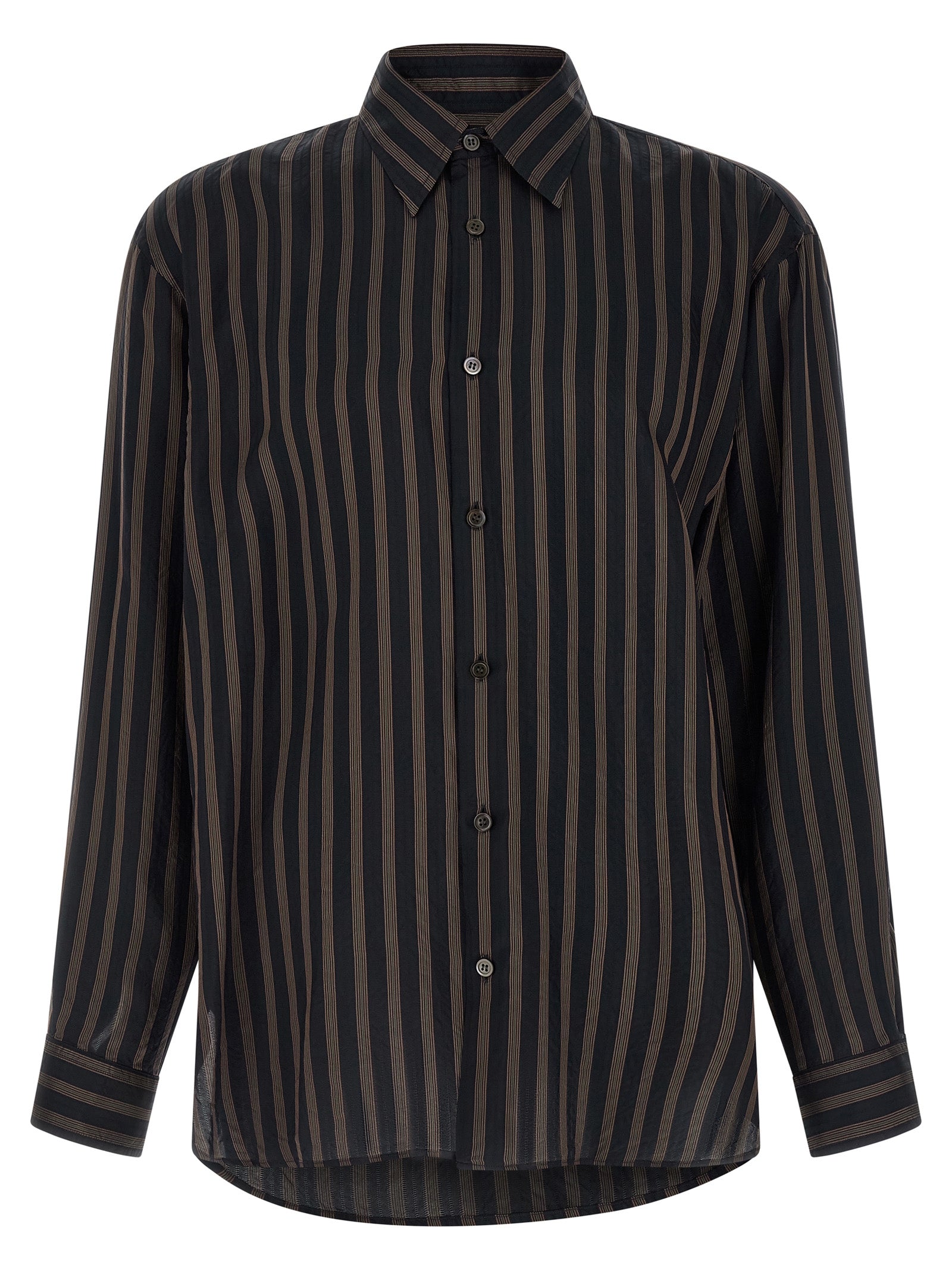 Elevate your style with the Dries Van Noten Black Copper Blouse, crafted from luxurious cupro, showcasing exquisite craftsmanship and a striking striped design for effortless sophistication.