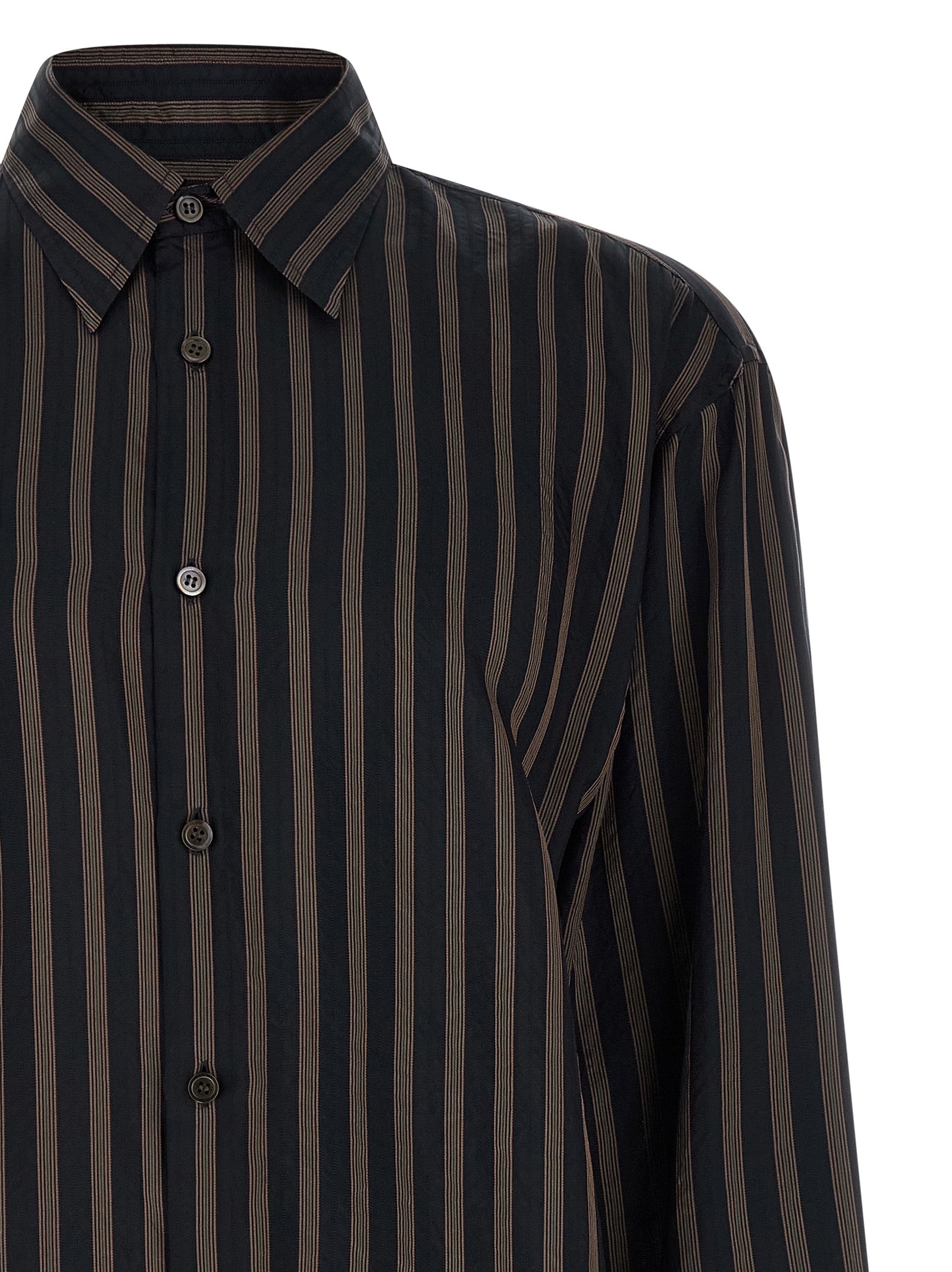 Elevate your style with the Dries Van Noten Black Copper Blouse, crafted from luxurious cupro, featuring a sophisticated striped pattern and a chic, relaxed fit.