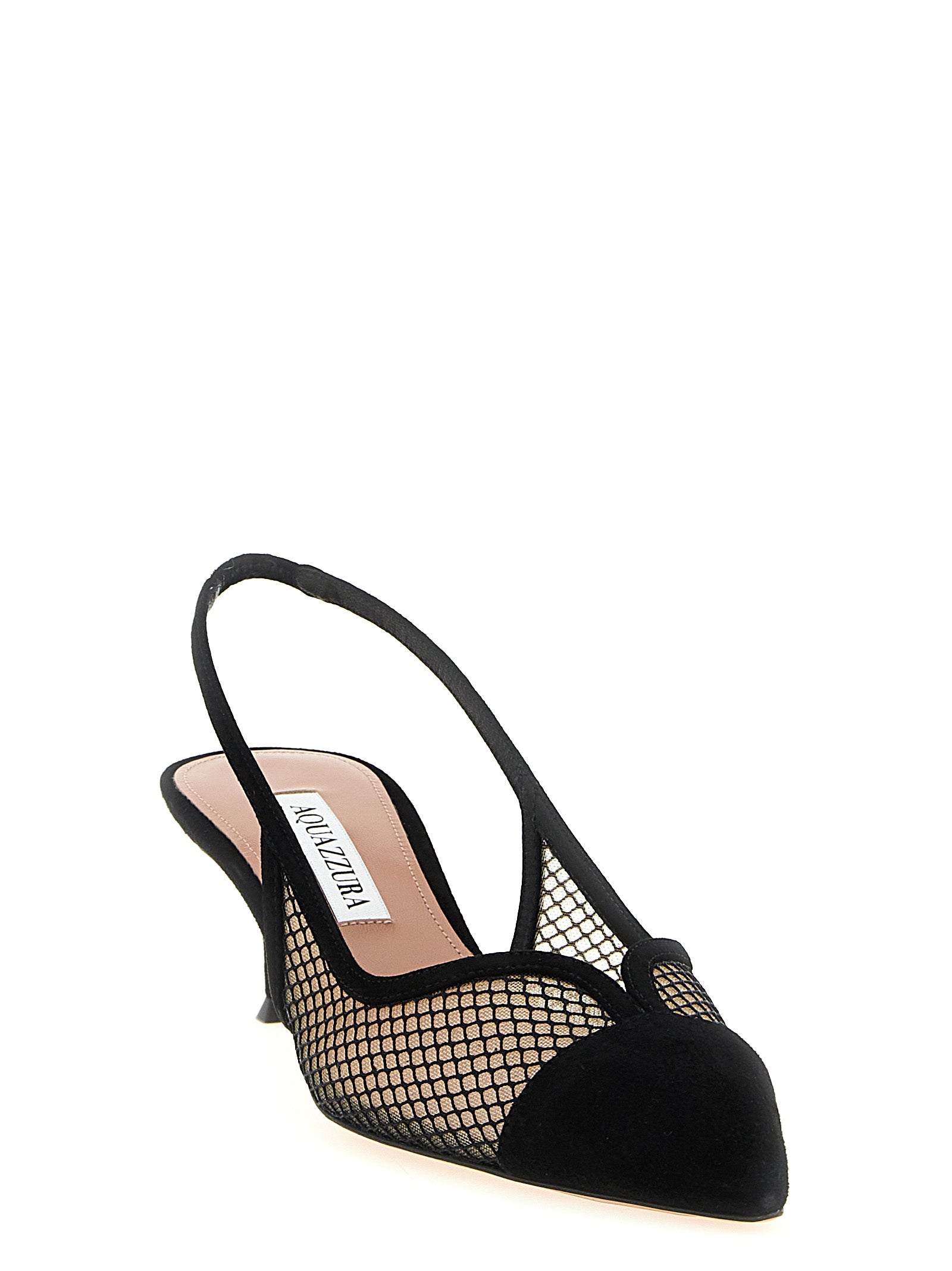 Step into elegance with Aquazzura's Black Textile Mid Heel Pumps, where luxurious goat leather meets exquisite Italian craftsmanship for a timeless statement.