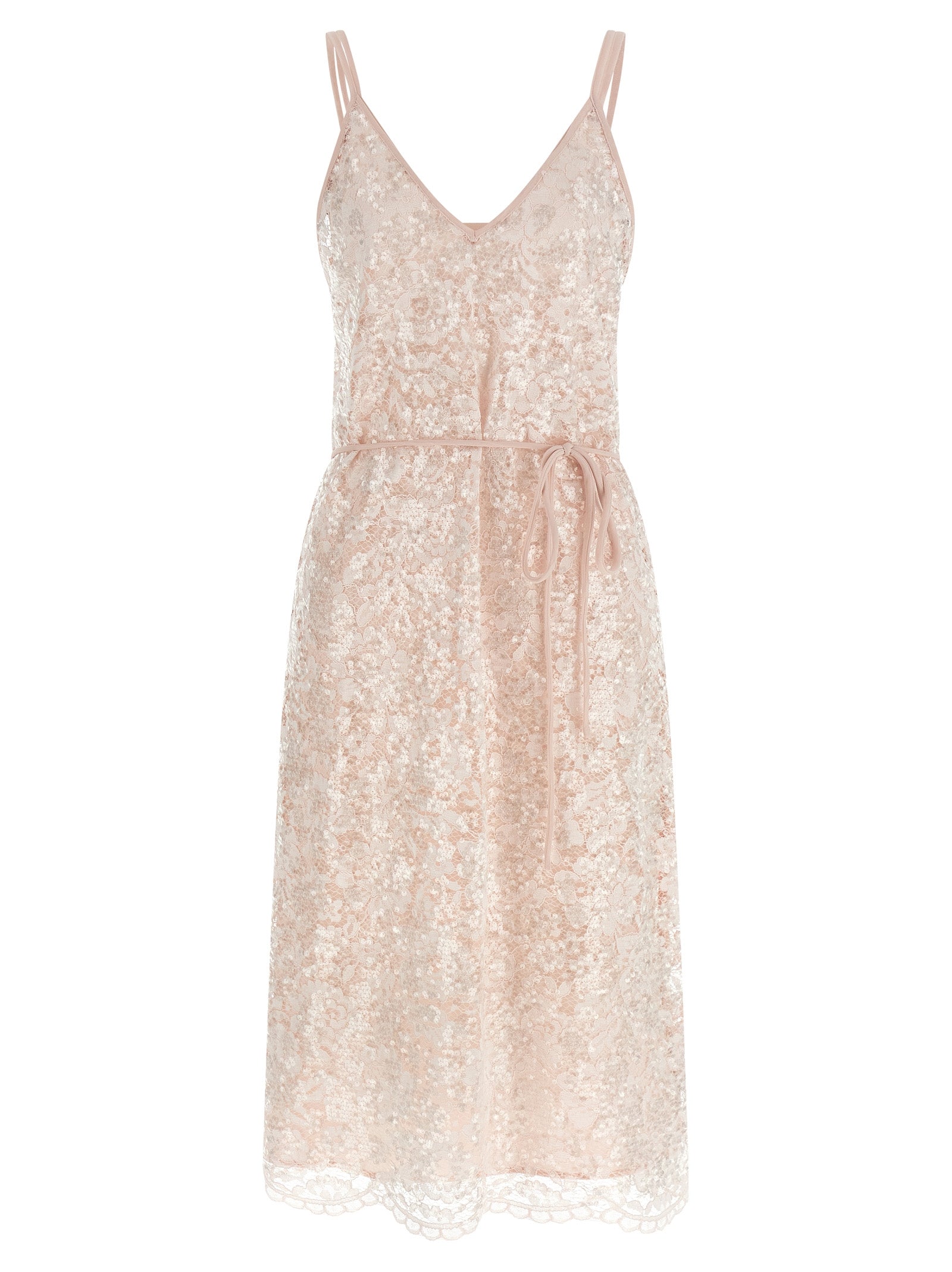 Discover the Twinset Multicolor Polyester Midi Dress, a masterpiece of elegance with a semi-transparent lace overlay and exquisite sequin detailing, perfect for any upscale occasion.