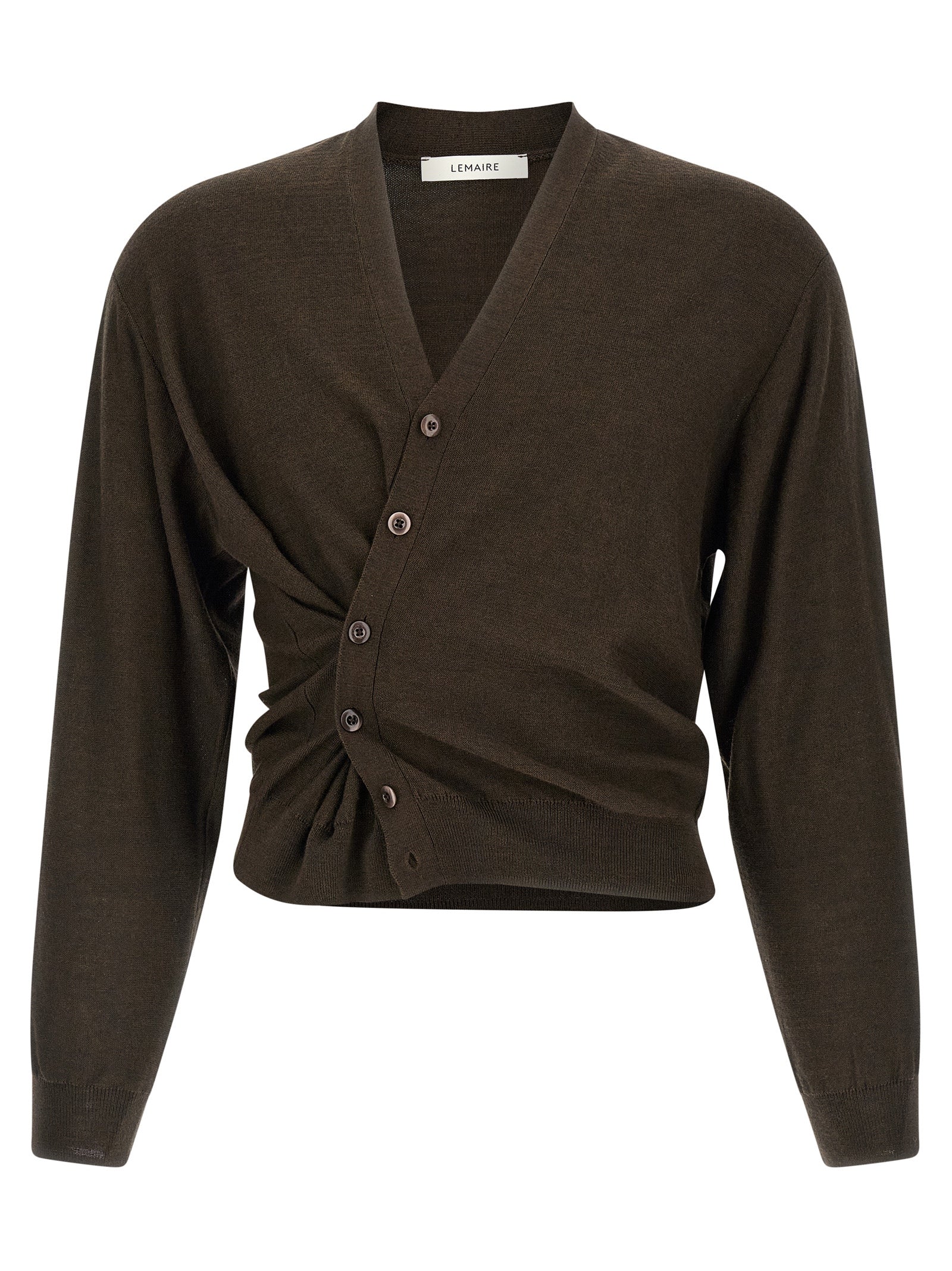 Elevate your wardrobe with the Lemaire Brown Marabou Cardigan, a luxurious blend of acrylic and wool, embodying avant-garde elegance and timeless sophistication.