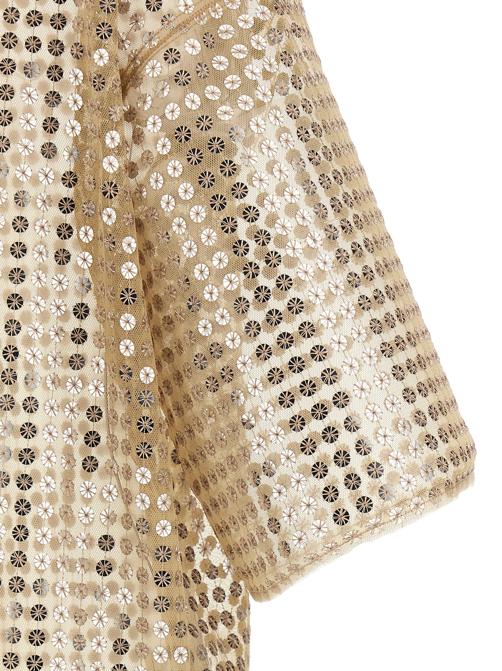 Discover the Fabiana Filippi Beige Polyester Short Dress, a masterpiece of artisanal luxury, exuding elegance with semi-transparent mesh and sequins for unforgettable soirées.