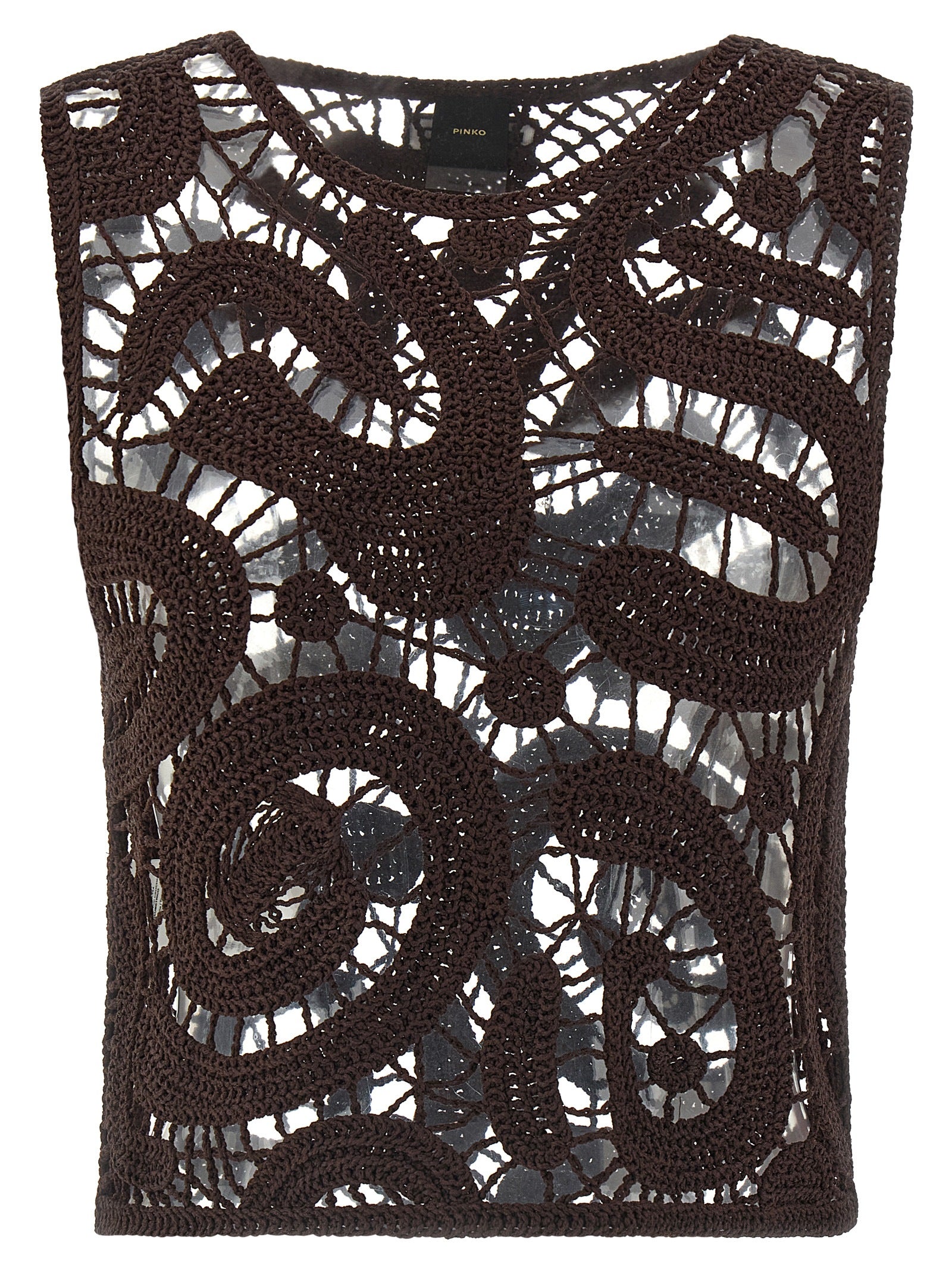 Elevate your wardrobe with PINKO's exquisite brown crochet viscose blouse, a symbol of artisanal luxury and timeless elegance for the discerning individual.