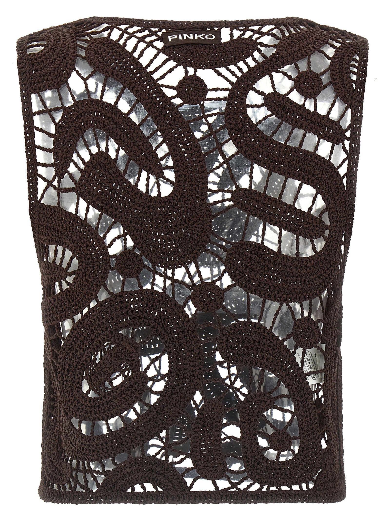 Elevate your wardrobe with PINKO's exquisite brown crochet viscose blouse, a masterpiece of artisanal luxury that embodies timeless elegance and sophisticated allure.