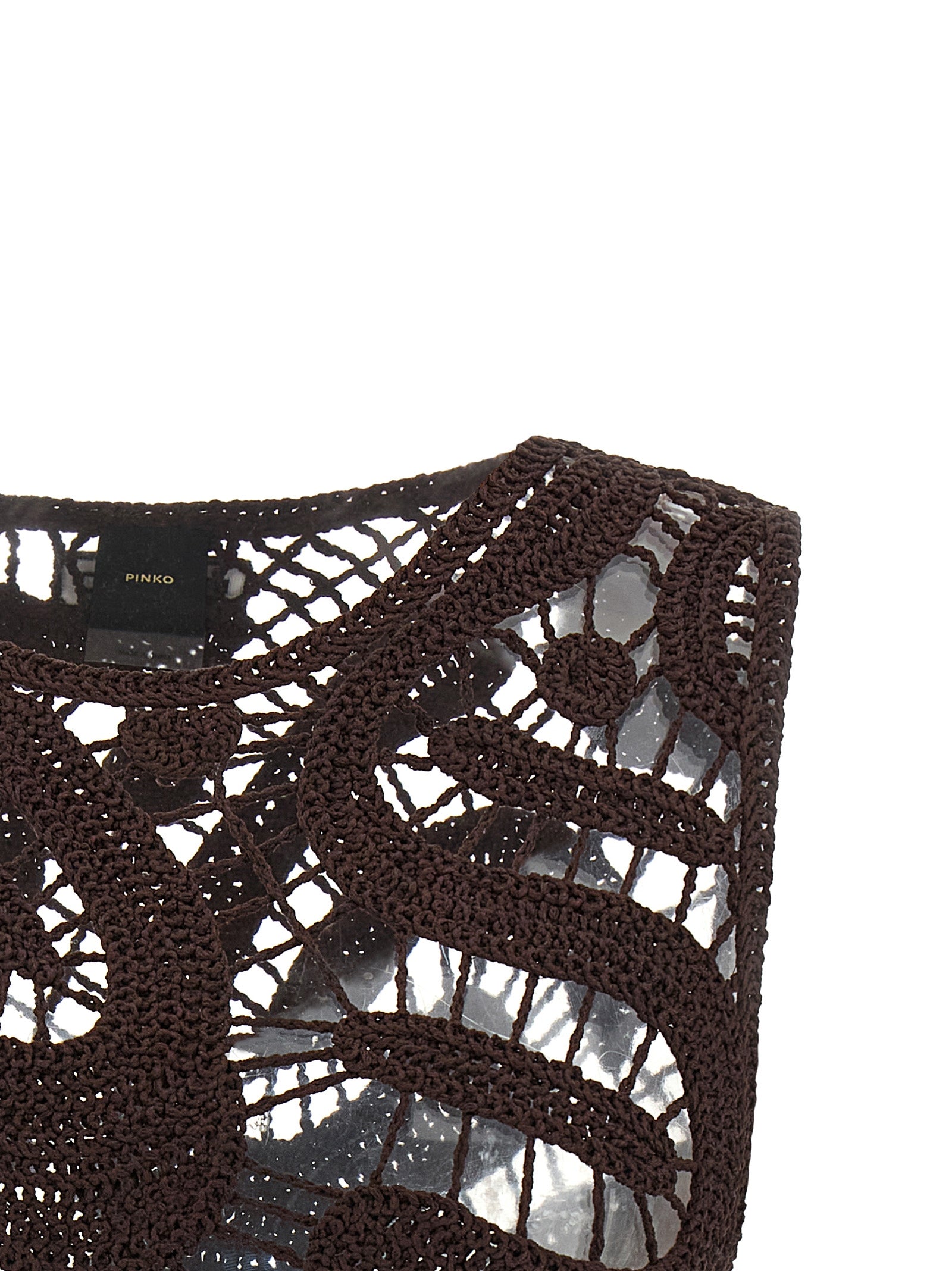 Elevate your wardrobe with PINKO's exquisite brown crochet viscose blouse, a symbol of artisanal luxury that embodies timeless elegance and sophisticated allure.