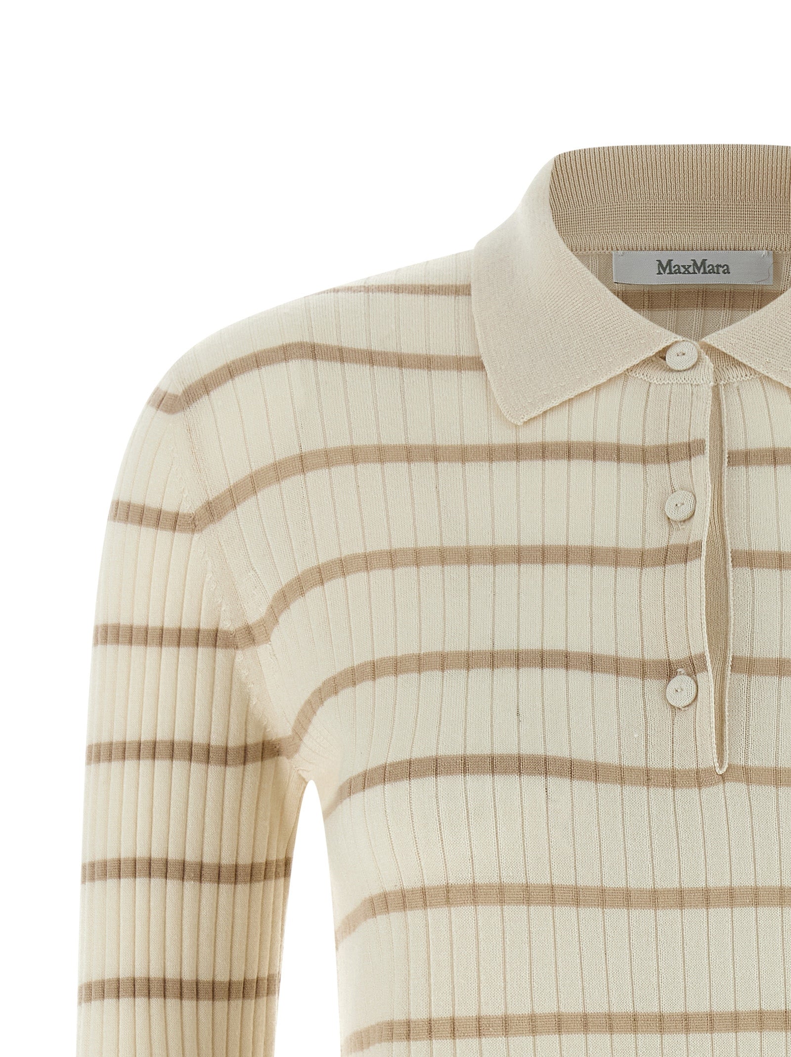 Indulge in the exquisite Max Mara Beige Cashmere Polo Shirt, a luxurious blend of cashmere and silk that embodies timeless elegance and refined craftsmanship.