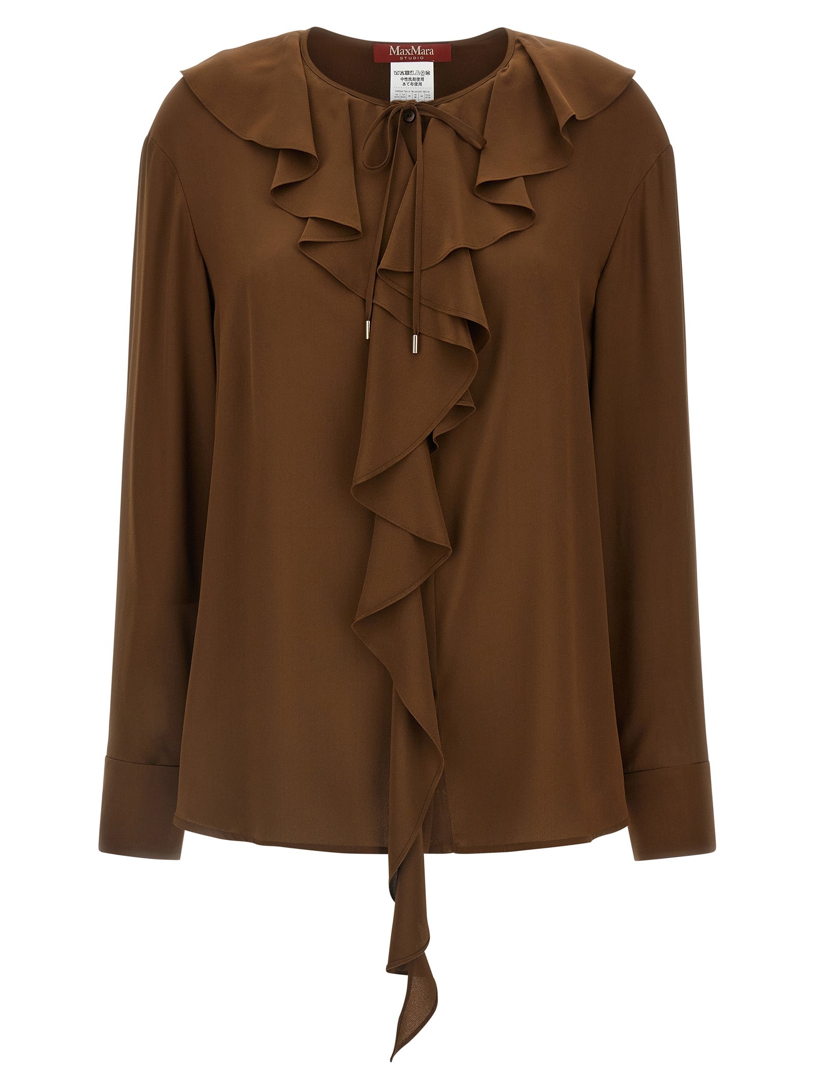 Discover the Max Mara Brown Silk Blouse, a masterpiece of artisanal elegance crafted from luxurious silk crêpe de Chine, embodying timeless sophistication and allure.