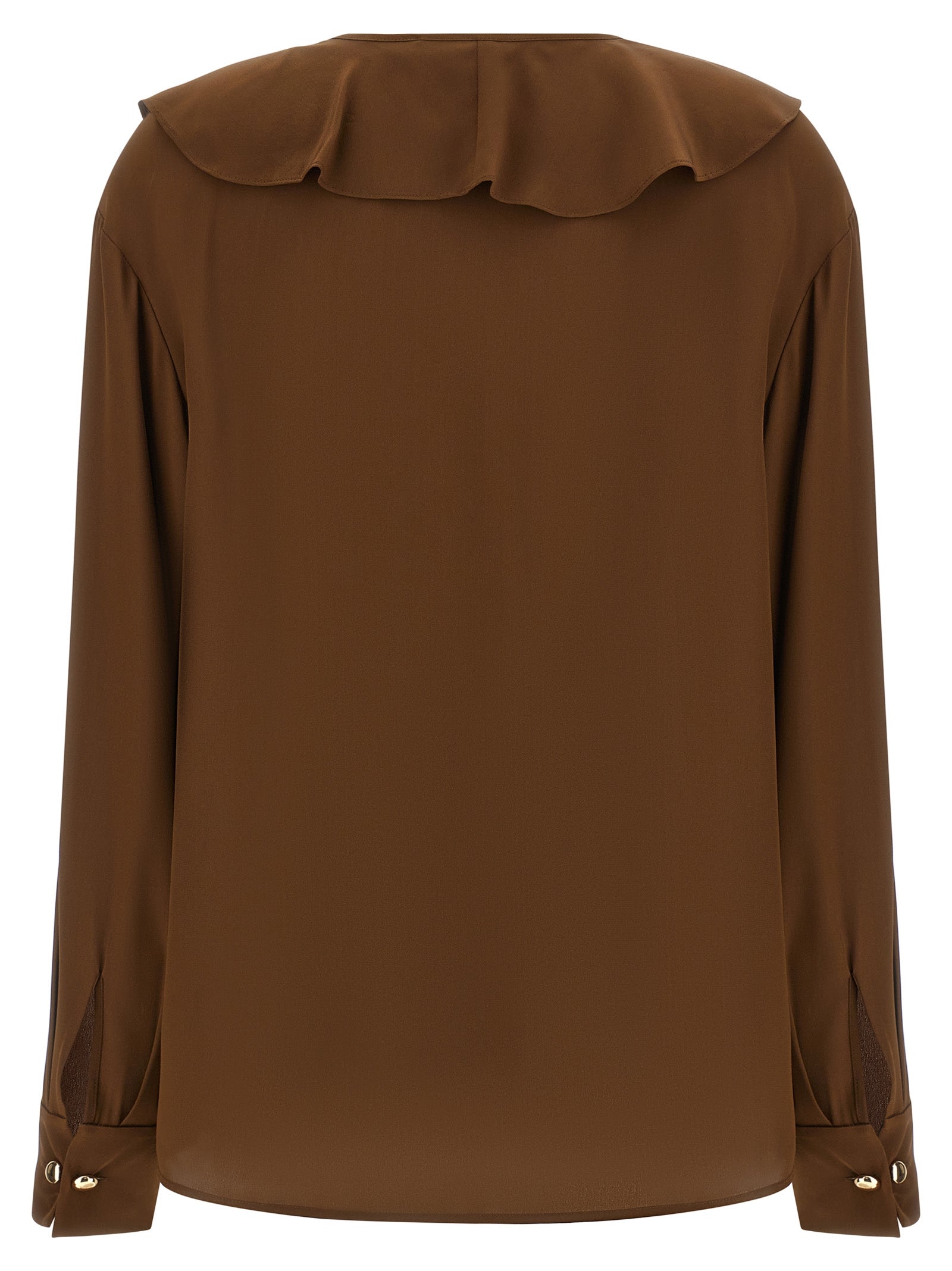 Indulge in the exquisite Max Mara Brown Silk Blouse, crafted from luxurious silk crêpe de Chine, embodying timeless elegance and artisanal sophistication for the discerning individual.