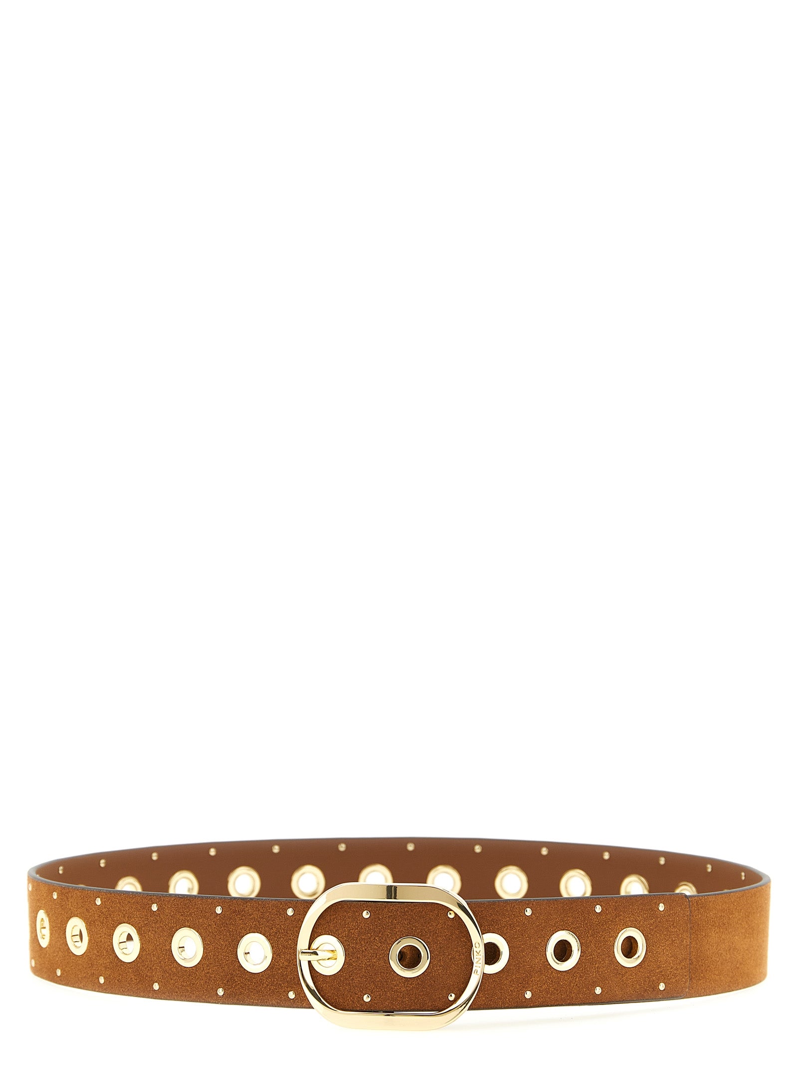 Discover the PINKO Brown Lamb Leather Regular Belt, a luxurious accessory adorned with intricate micro metal studs, perfect for elevating any ensemble with timeless elegance.