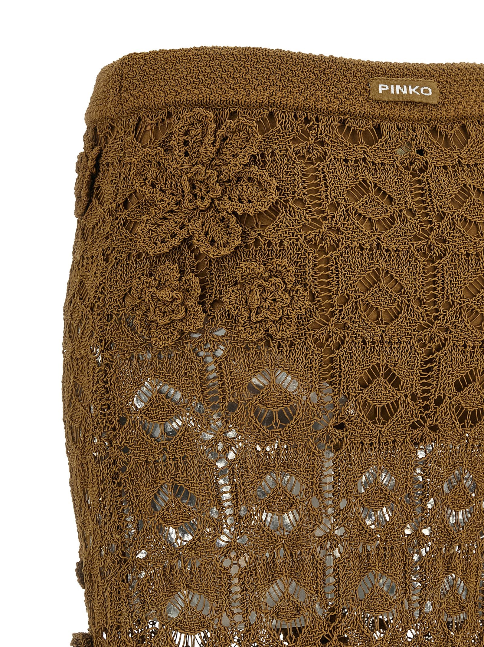 Experience the artisanal elegance of the PINKO Brown Cotton Midi Skirt, adorned with exquisite floral appliqués, blending sophistication and comfort for timeless allure.