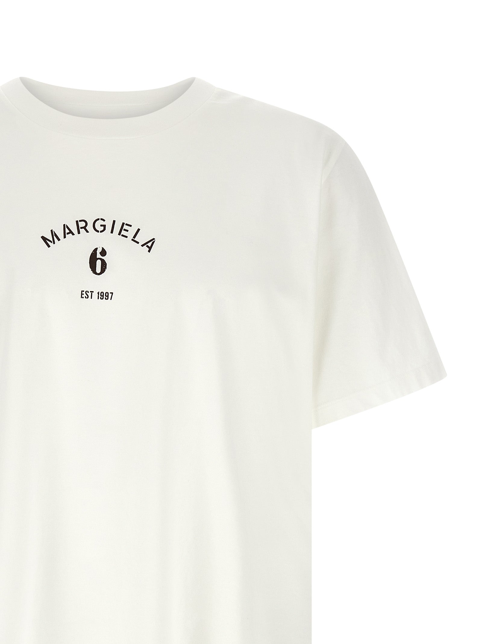 Elevate your style with the MM6 Maison Margiela White Cotton T-Shirt, crafted in Italy from luxurious cotton, embodying timeless elegance and modern sophistication.