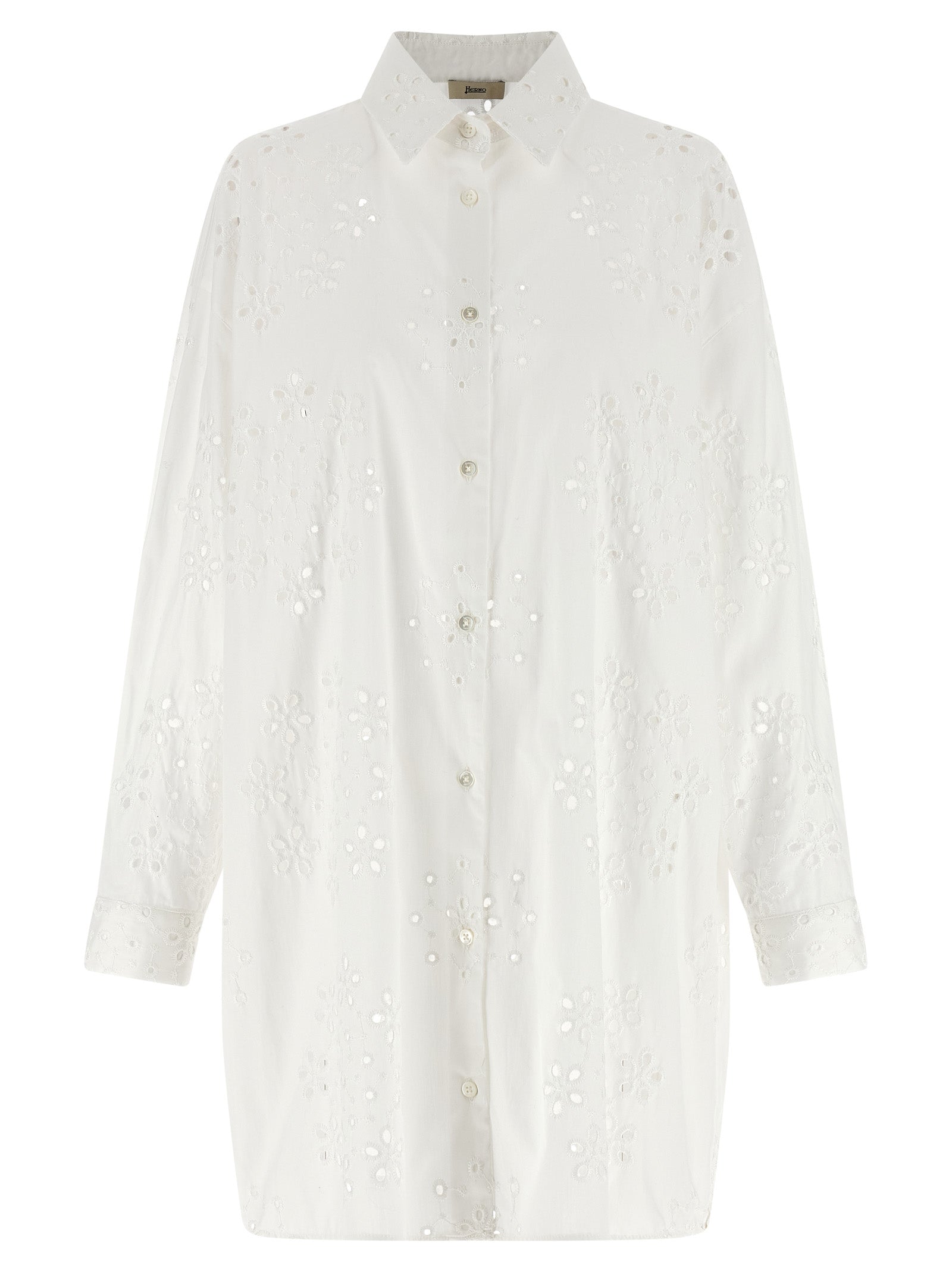 Discover the Herno White Cotton Blouse, a masterpiece of sangallo cotton with exquisite embroidery, embodying timeless elegance and sophistication for the discerning individual.
