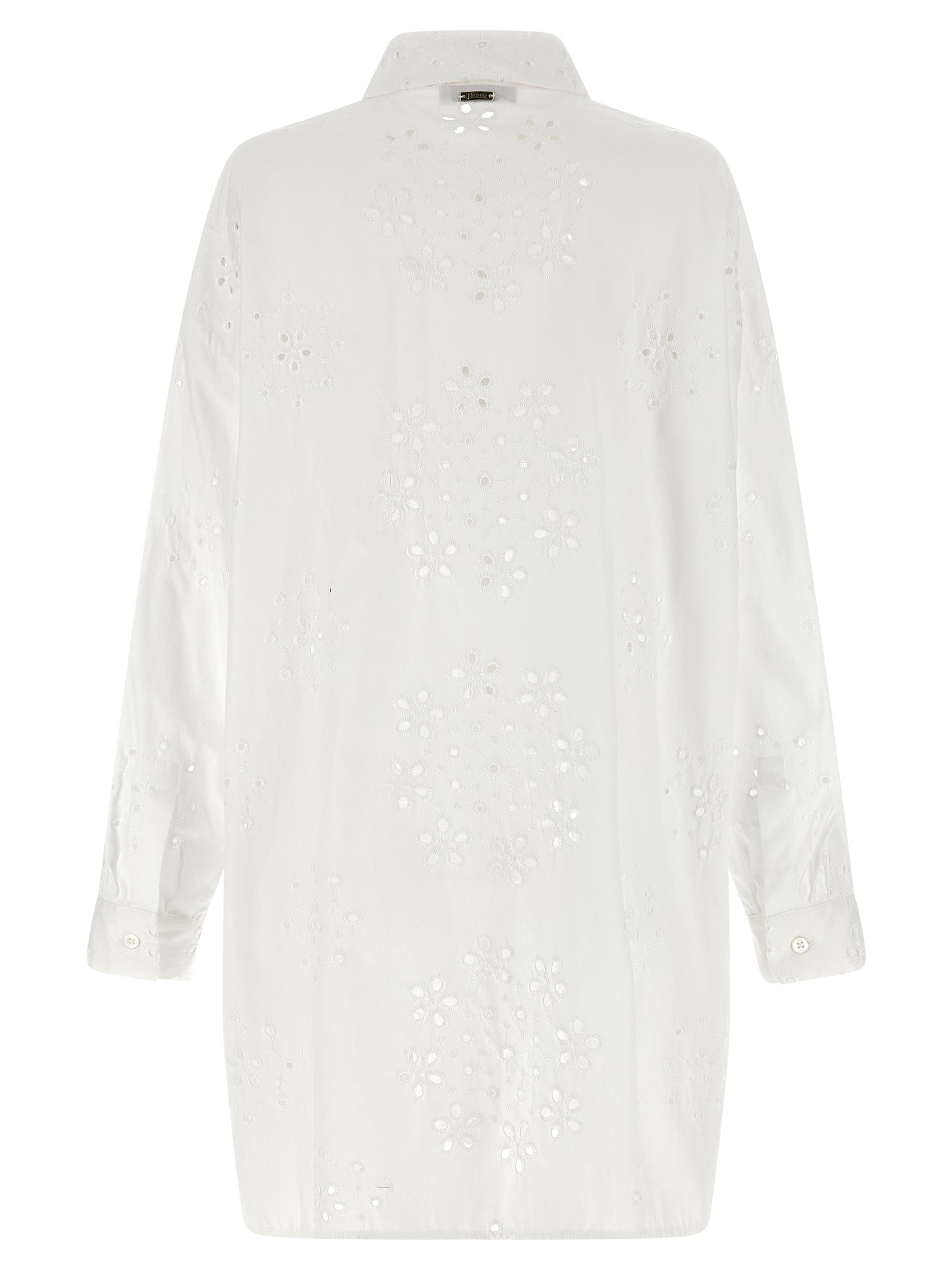 Elevate your elegance with the Herno White Cotton Blouse, crafted from luxurious sangallo cotton, featuring exquisite embroidery that embodies timeless sophistication.