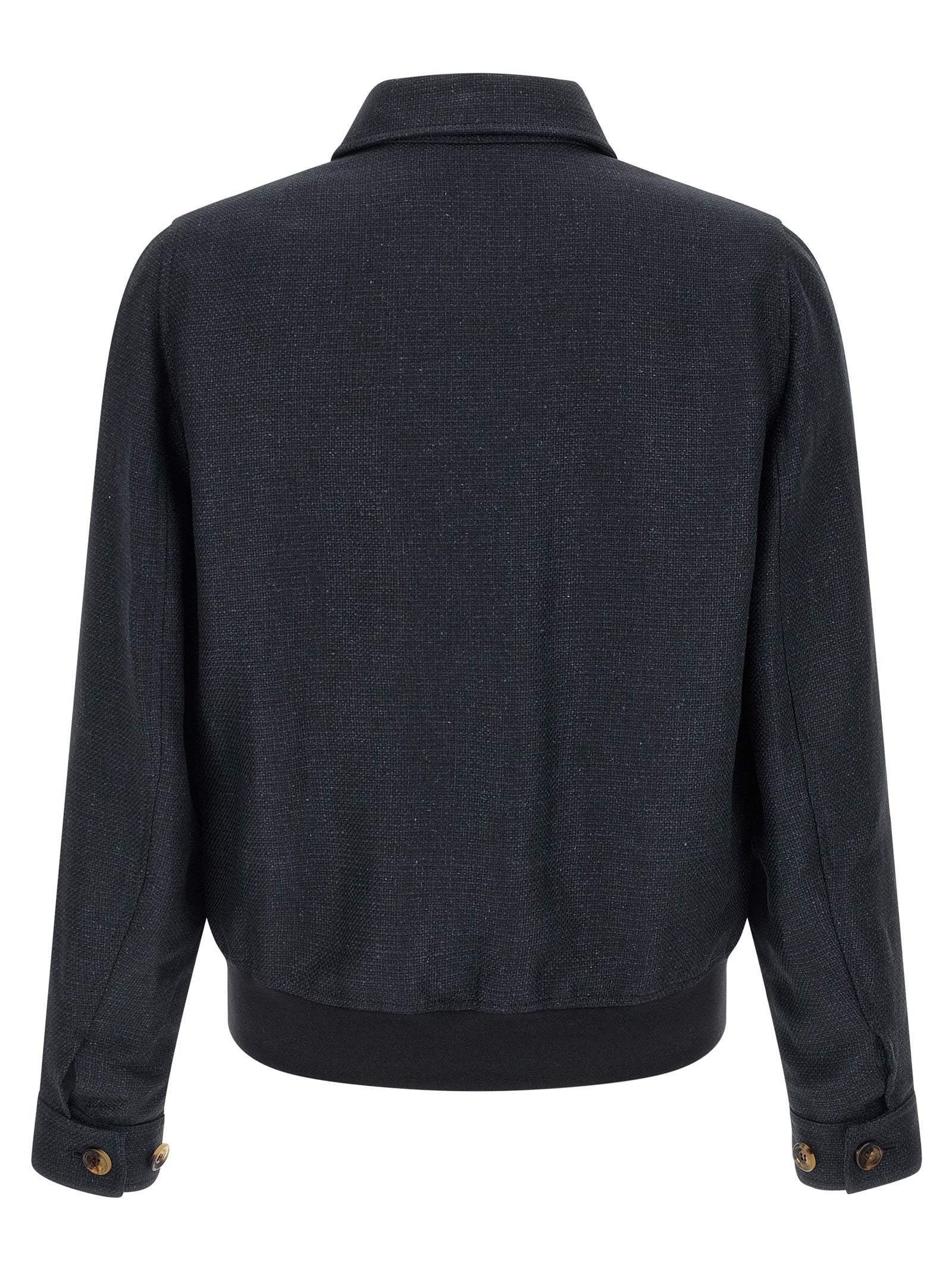 Elevate your wardrobe with the Brunello Cucinelli Blue Sisal Biker Jacket, a luxurious blend of silk, linen, and wool, embodying timeless elegance and exquisite craftsmanship.