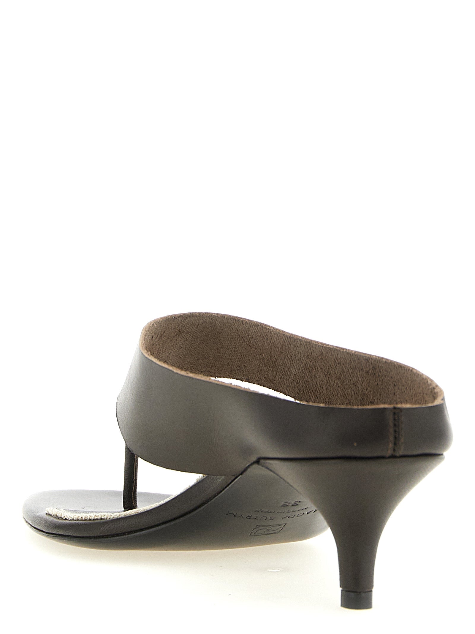 Step into sophistication with Magda Butrym's brown leather stiletto heel sandals, crafted from luxurious napa leather, embodying timeless elegance and artisanal craftsmanship.