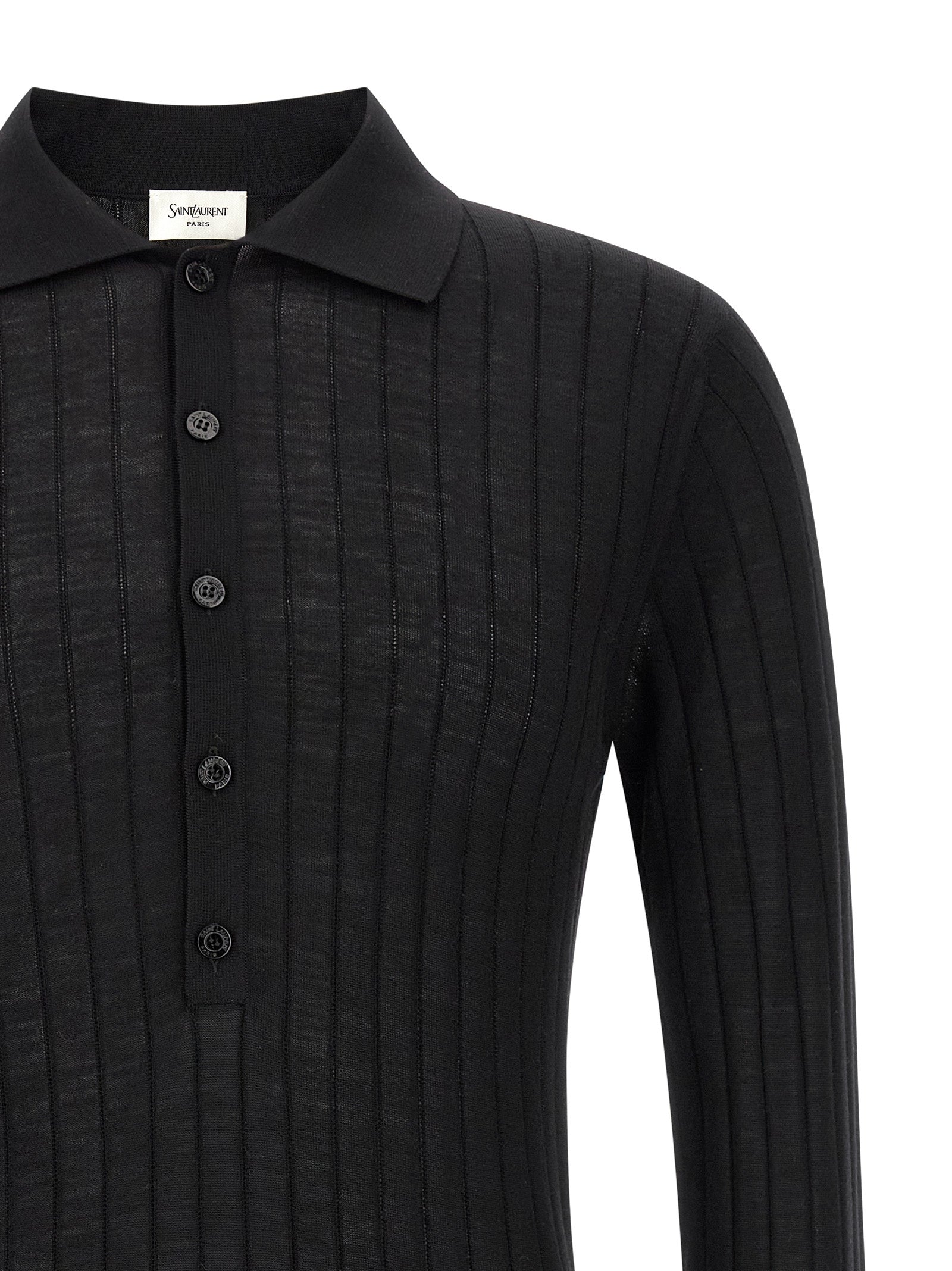 Discover the Saint Laurent Black Wool Polo Shirt, a semi-transparent masterpiece of Italian craftsmanship that embodies luxury and sophistication for the modern connoisseur.