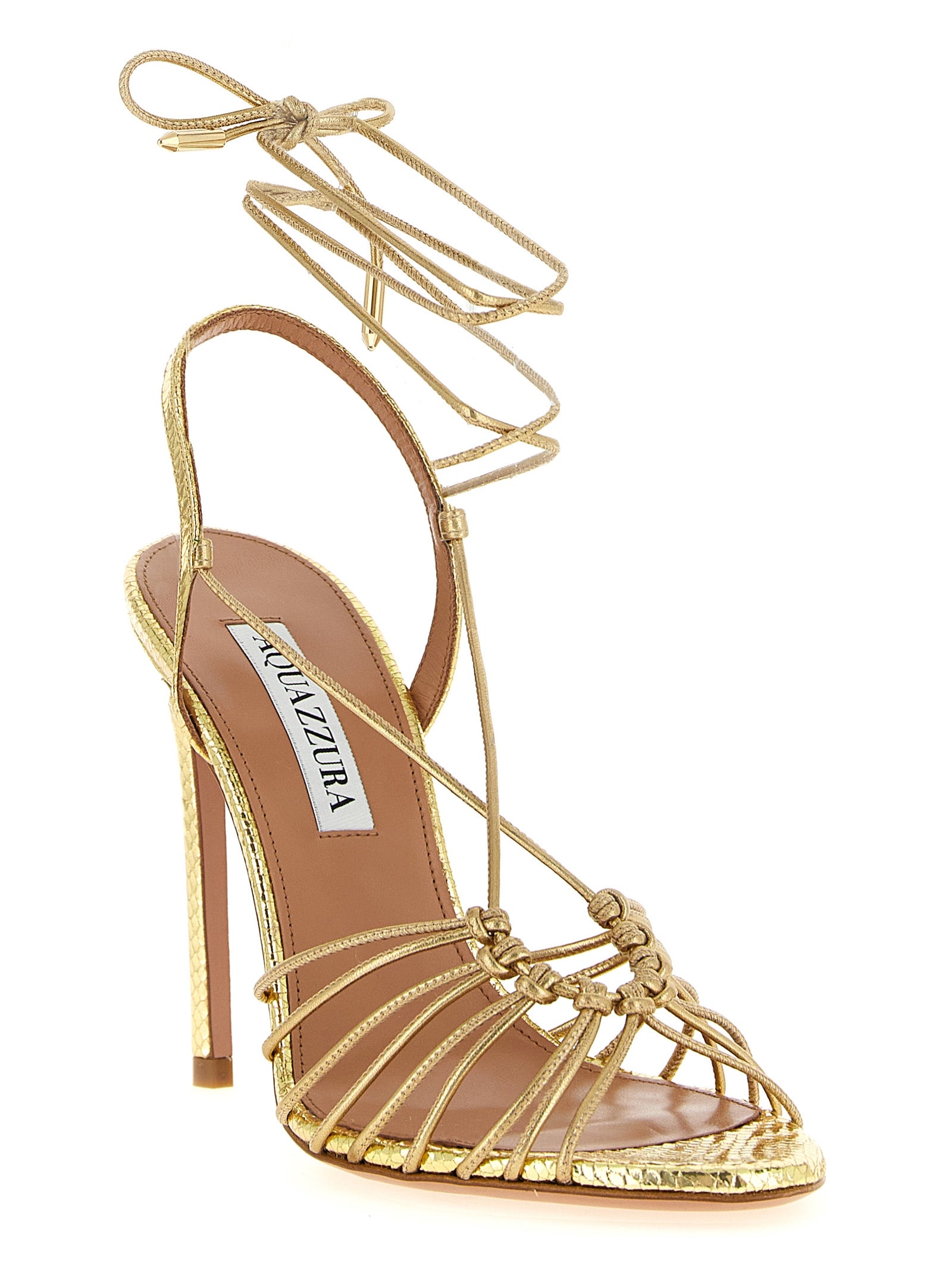 Step into a realm of elegance with Aquazzura's Gold Lamb Leather Stiletto Heel Sandals, where artisanal craftsmanship meets luxurious allure for the discerning connoisseur.