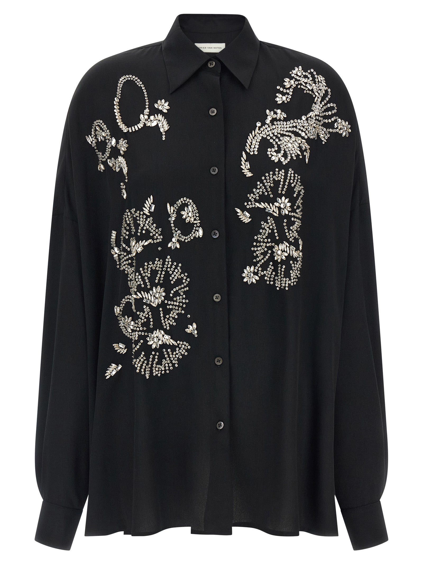 Discover the Dries Van Noten Black Polyester Blouse, a luxurious blend of sophistication and modern elegance, adorned with crystal appliqué for a striking statement.