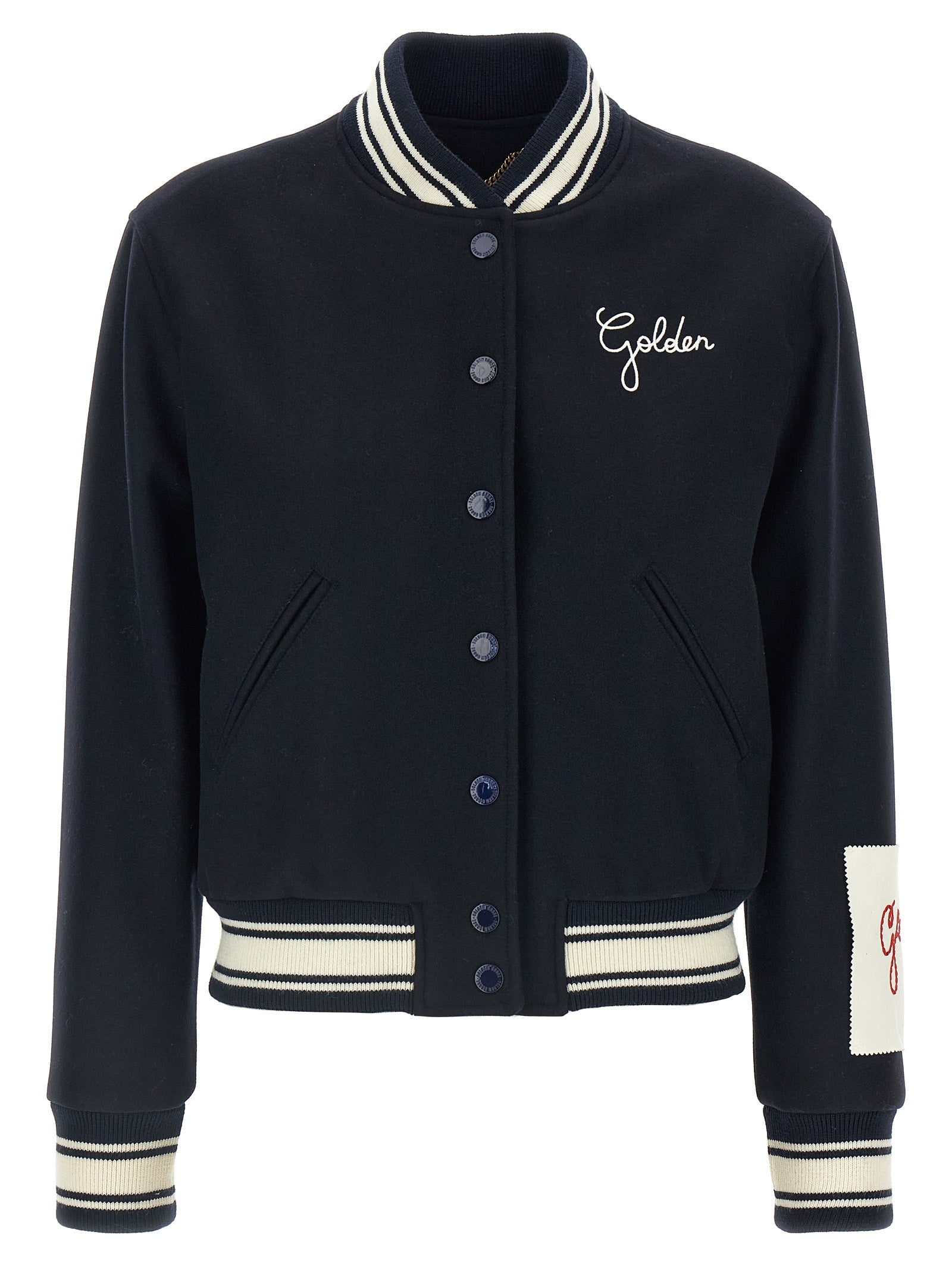 Elevate your wardrobe with the Golden Goose Blue Virgin Wool Bomber, a luxurious blend of 72% virgin wool and 28% polyamide, embodying timeless elegance and sophistication.