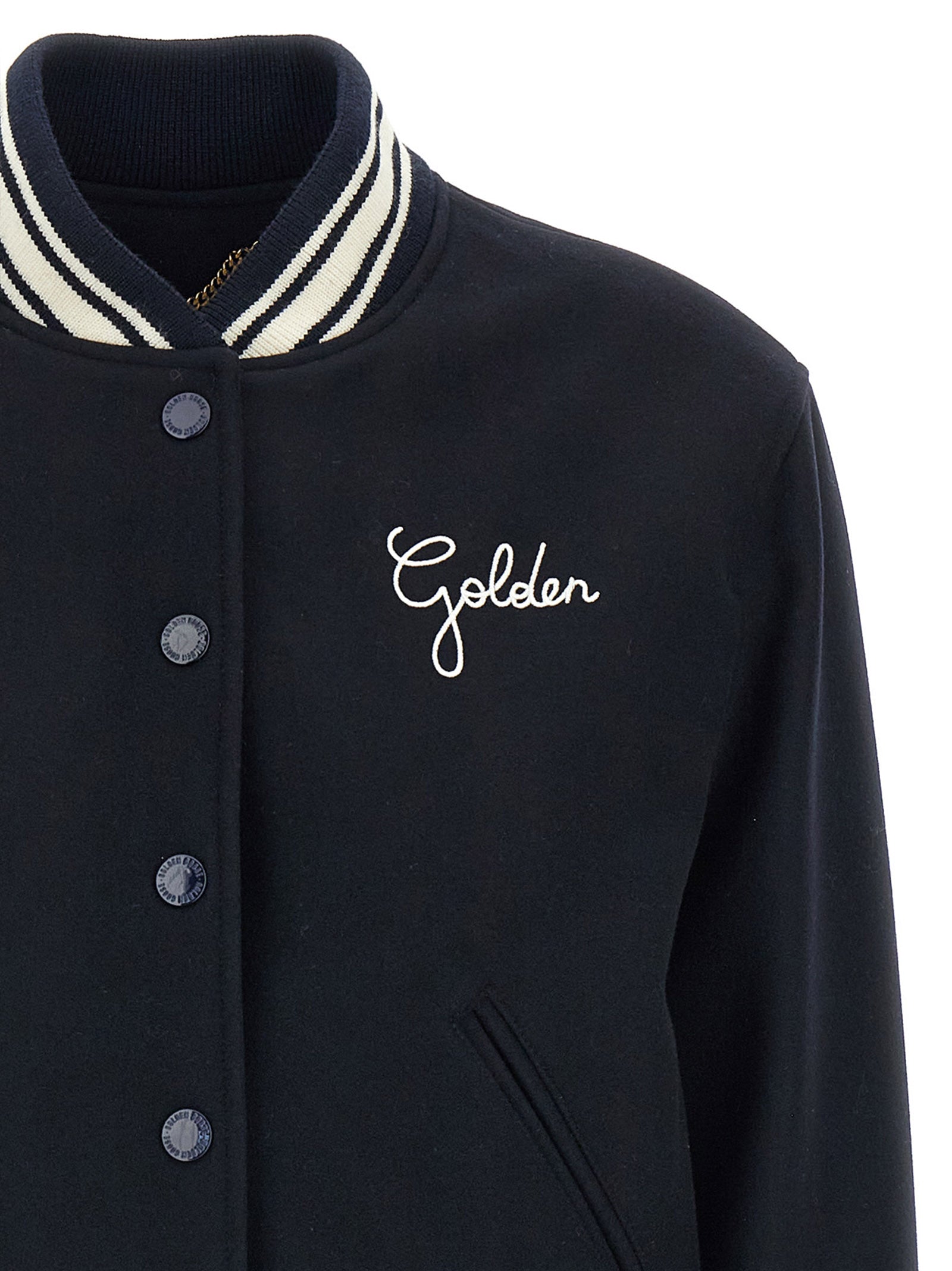 Elevate your wardrobe with the Golden Goose Blue Virgin Wool Bomber, a luxurious blend of 72% virgin wool and 28% polyamide, embodying sophistication and timeless elegance.