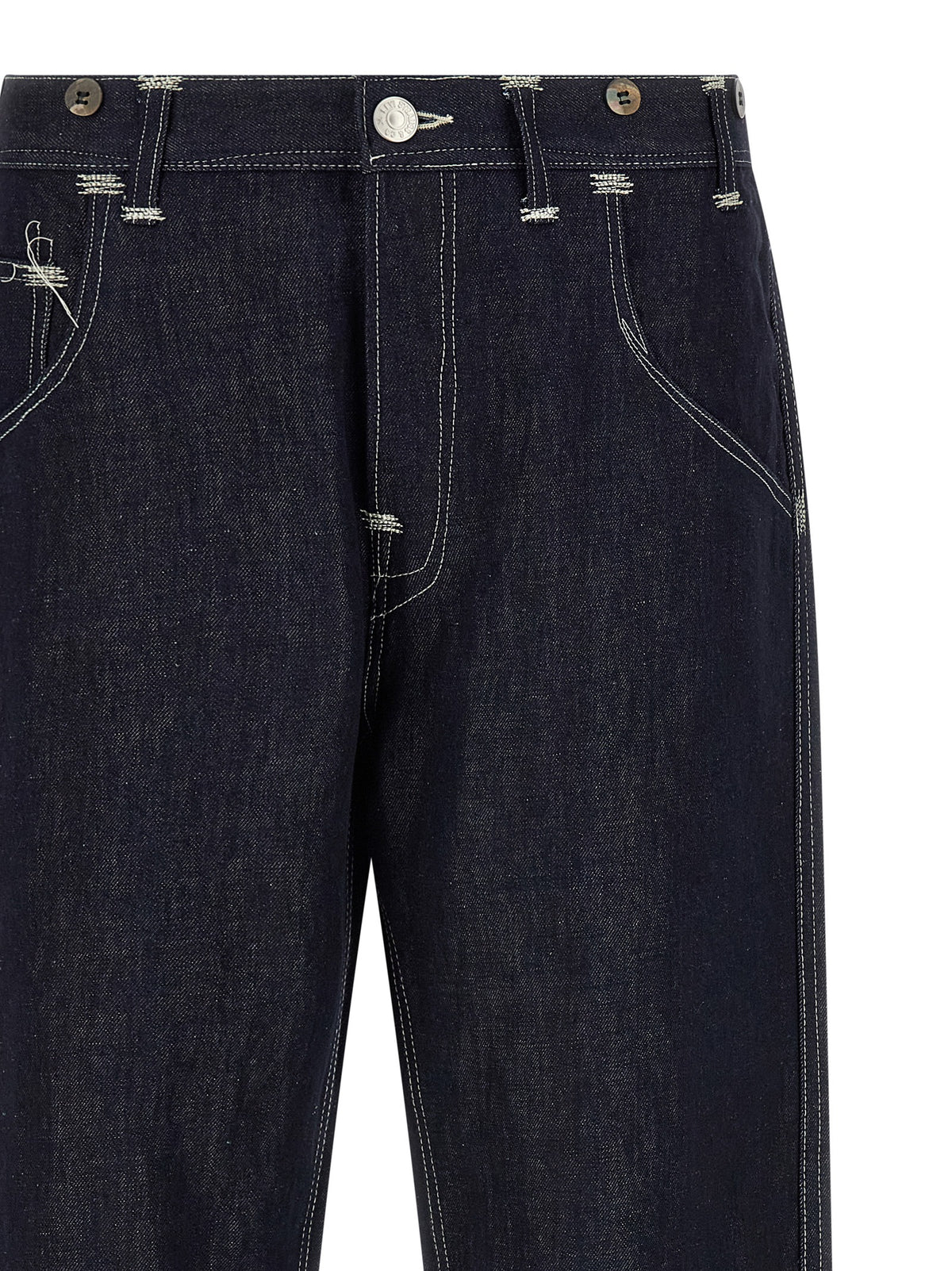 Elevate your wardrobe with Junya Watanabe's Blue Cotton Straight-Leg Jeans, a luxurious blend of cotton and linen, embodying avant-garde craftsmanship and timeless elegance.