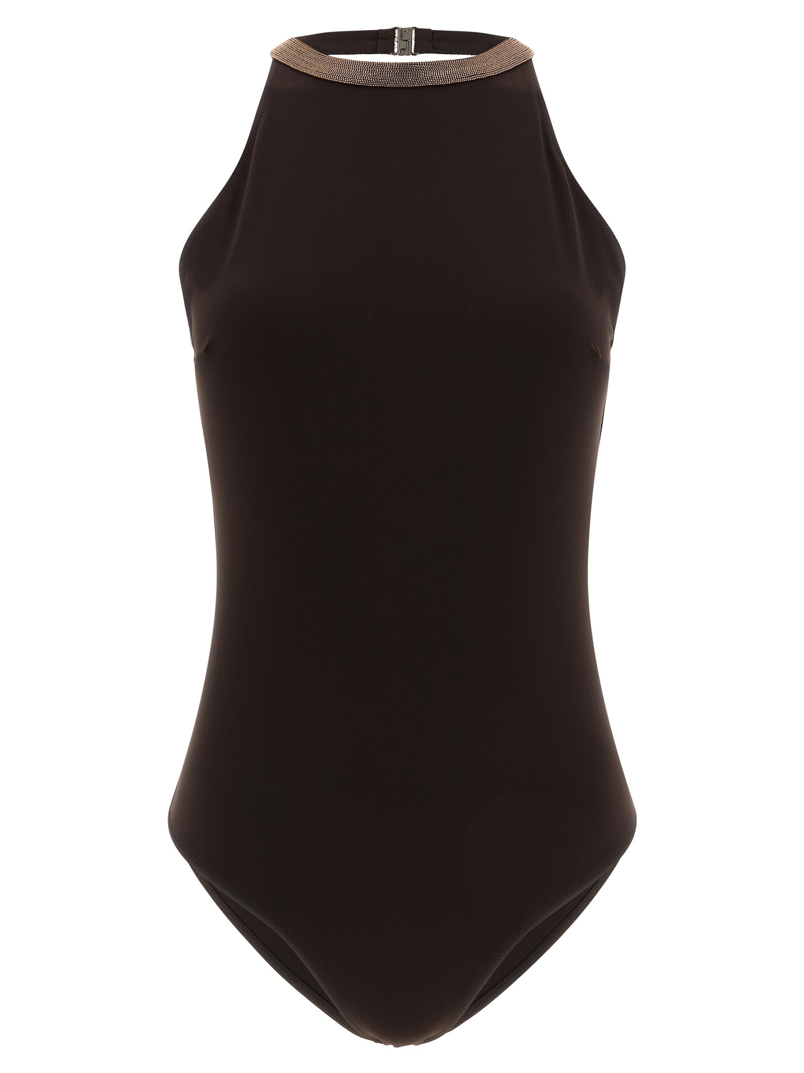 Indulge in the Brunello Cucinelli Brown Polyamide One-Piece Swimsuit, where luxurious techno jersey meets exquisite craftsmanship, inviting you to embody elegance and sophistication by the water's edge.