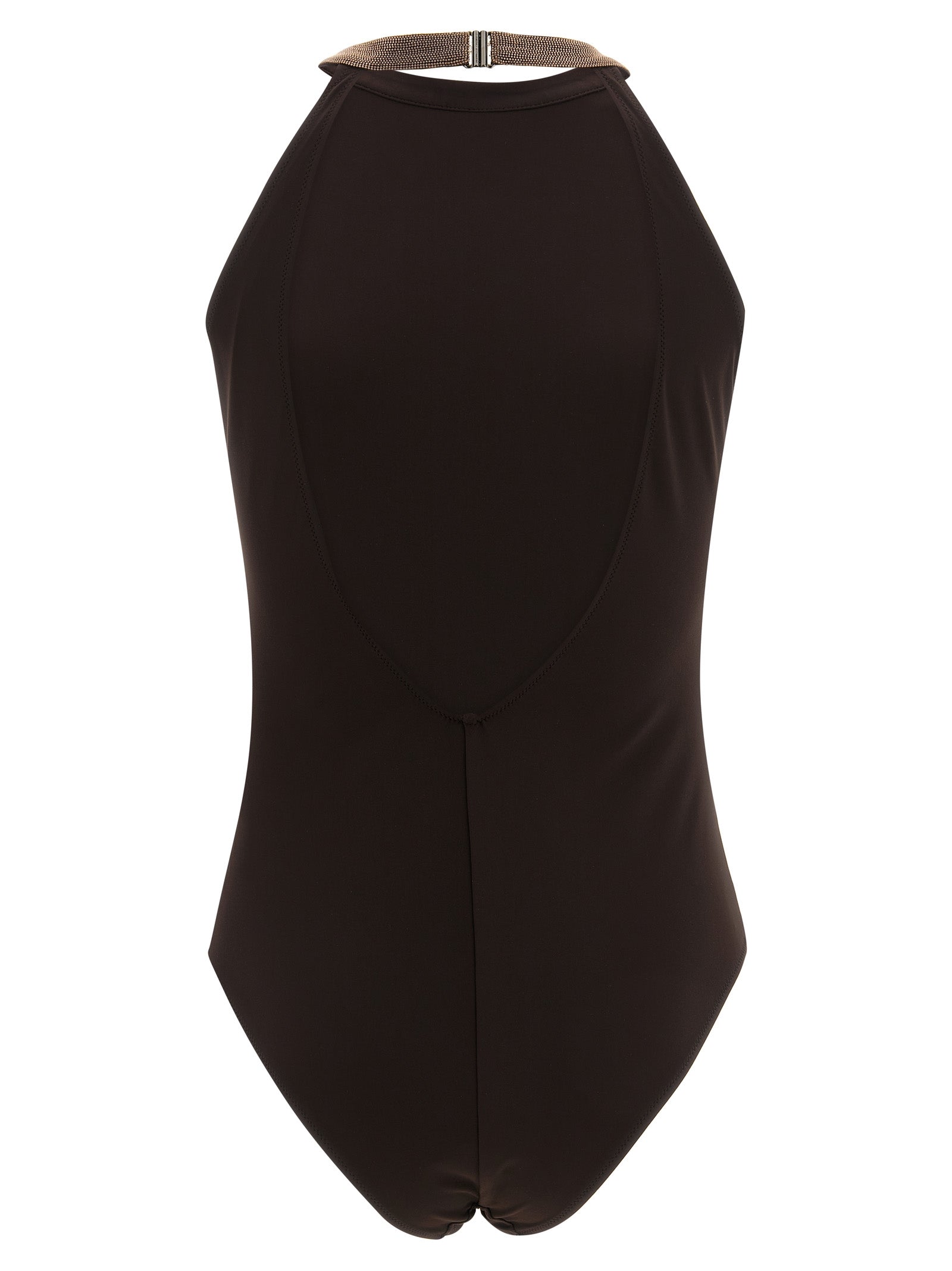 Indulge in the Brunello Cucinelli Brown Polyamide One-Piece Swimsuit, a luxurious blend of comfort and elegance crafted from premium techno jersey, perfect for the discerning individual.
