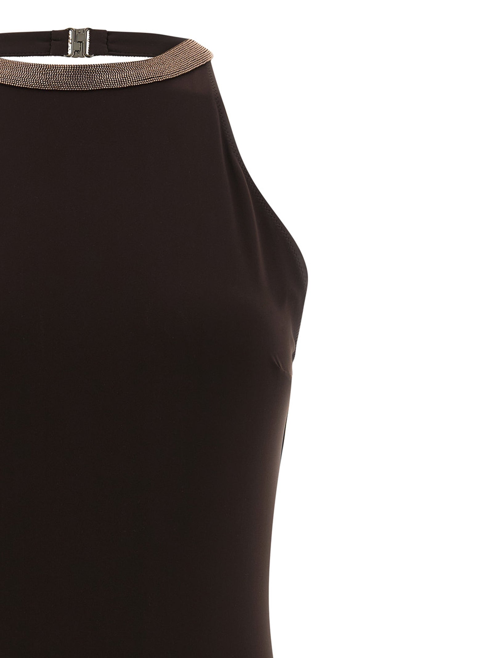 Indulge in the Brunello Cucinelli Brown Polyamide One-Piece Swimsuit, where luxurious techno jersey meets exquisite craftsmanship, elevating your summer elegance.