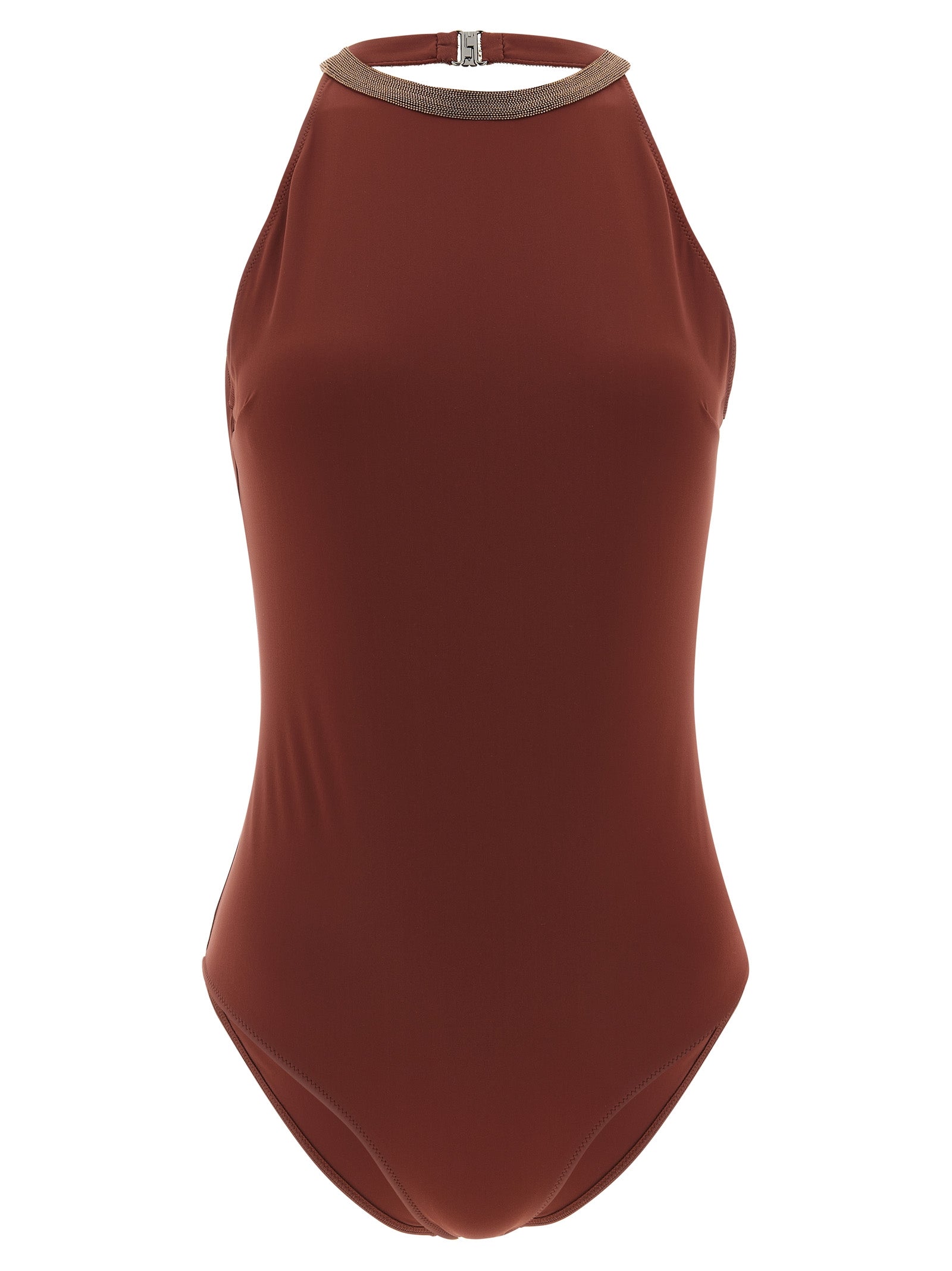 Indulge in the Brunello Cucinelli Bordeaux One-Piece Swimsuit, where luxurious techno jersey meets exquisite craftsmanship, embodying timeless elegance for the discerning individual.