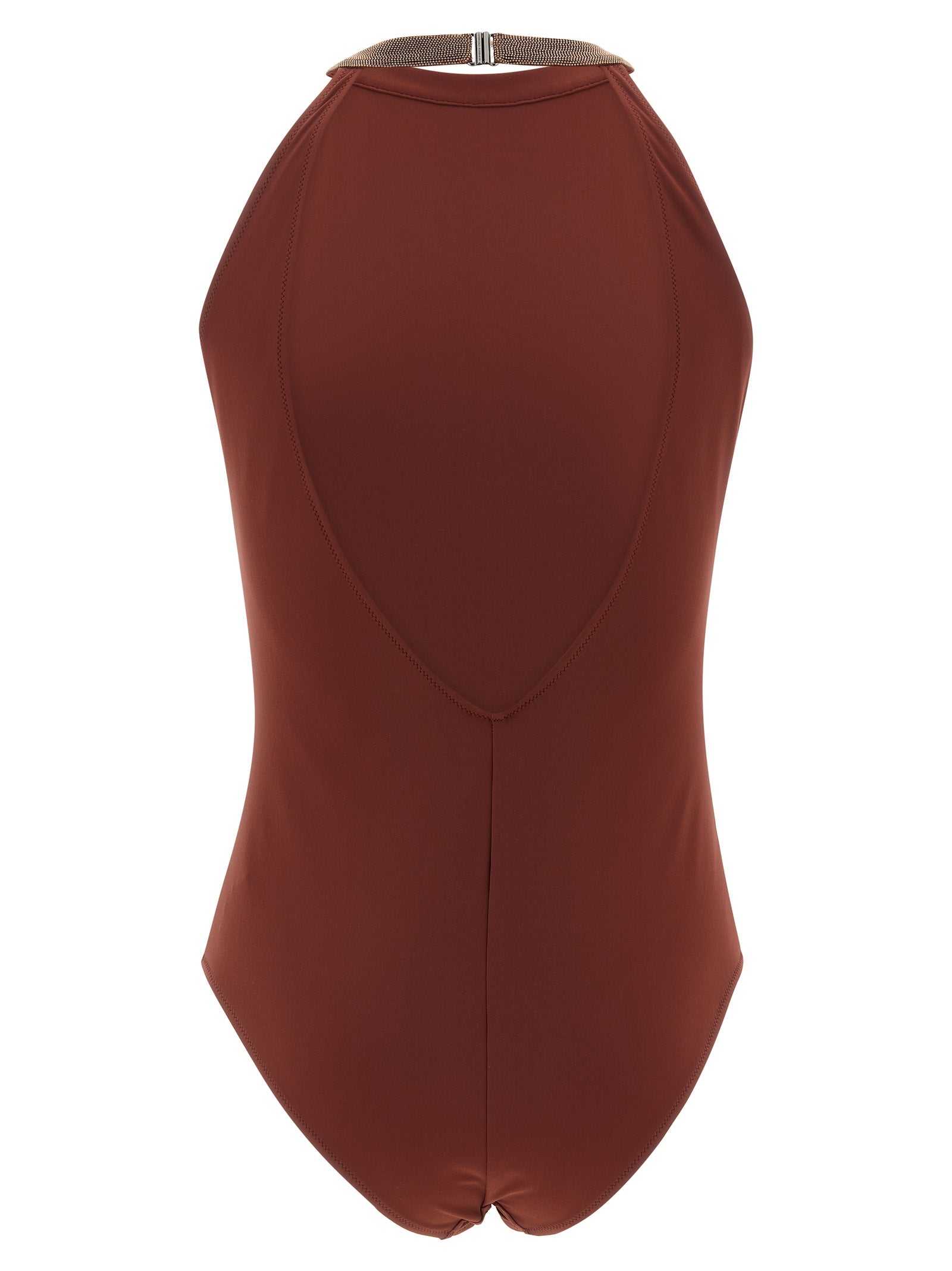 Indulge in the Brunello Cucinelli Bordeaux One-Piece Swimsuit, a masterpiece of luxurious techno jersey, designed to elevate your elegance at every sun-soaked gathering.