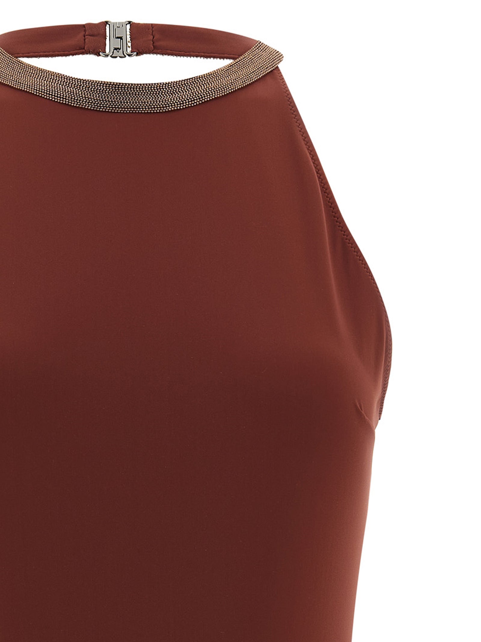 Experience the allure of the Brunello Cucinelli Bordeaux One-Piece Swimsuit, crafted from luxurious techno jersey, embodying elegance and sophistication for the discerning individual.