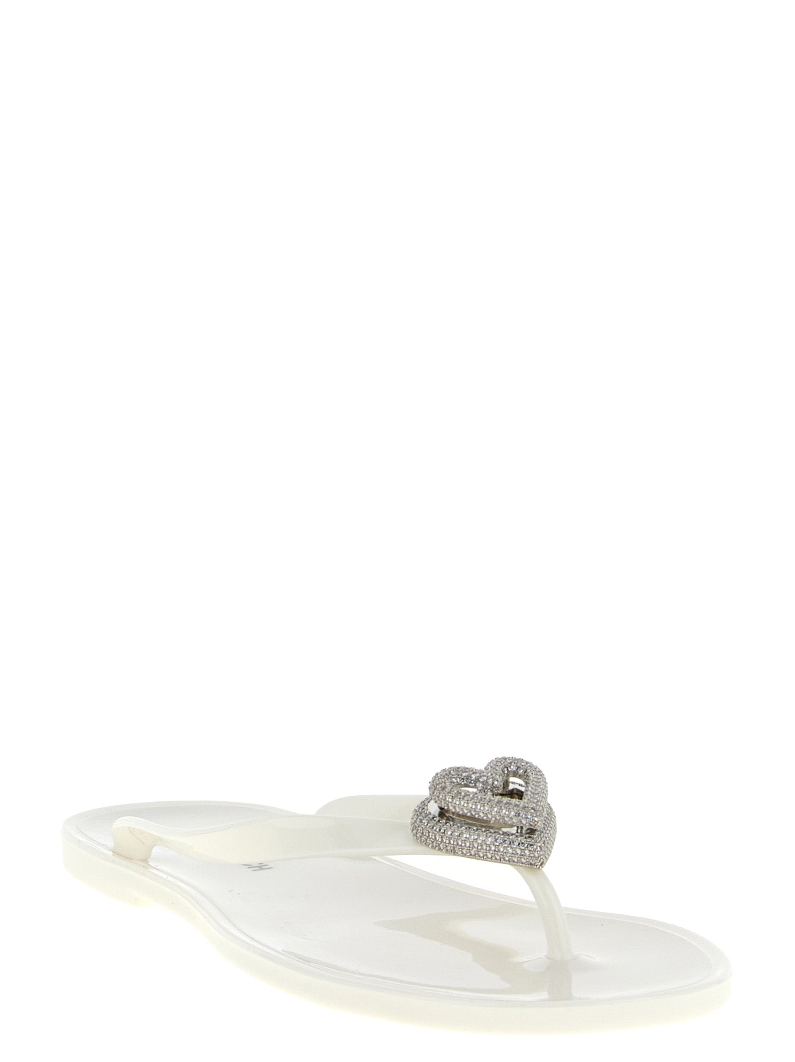 Elevate your style with MACH & MACH White PVC Slides, featuring a dazzling crystal-embellished heart detail, perfect for making a statement in luxury.