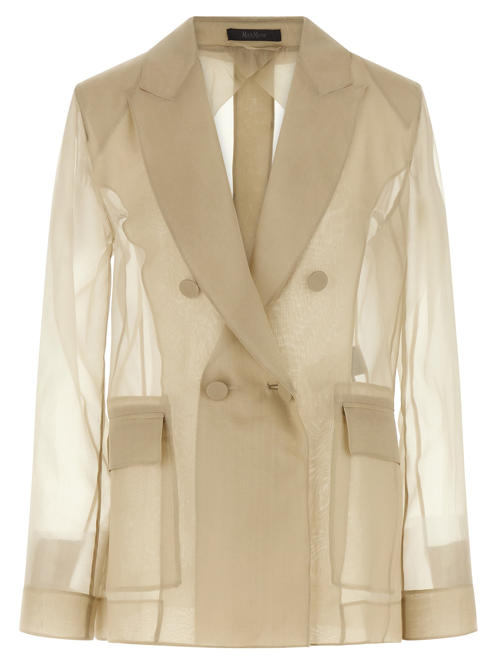 Elevate your style with the Max Mara Beige Silk Blazer, a luxurious silk organza masterpiece that embodies timeless elegance and sophisticated allure.