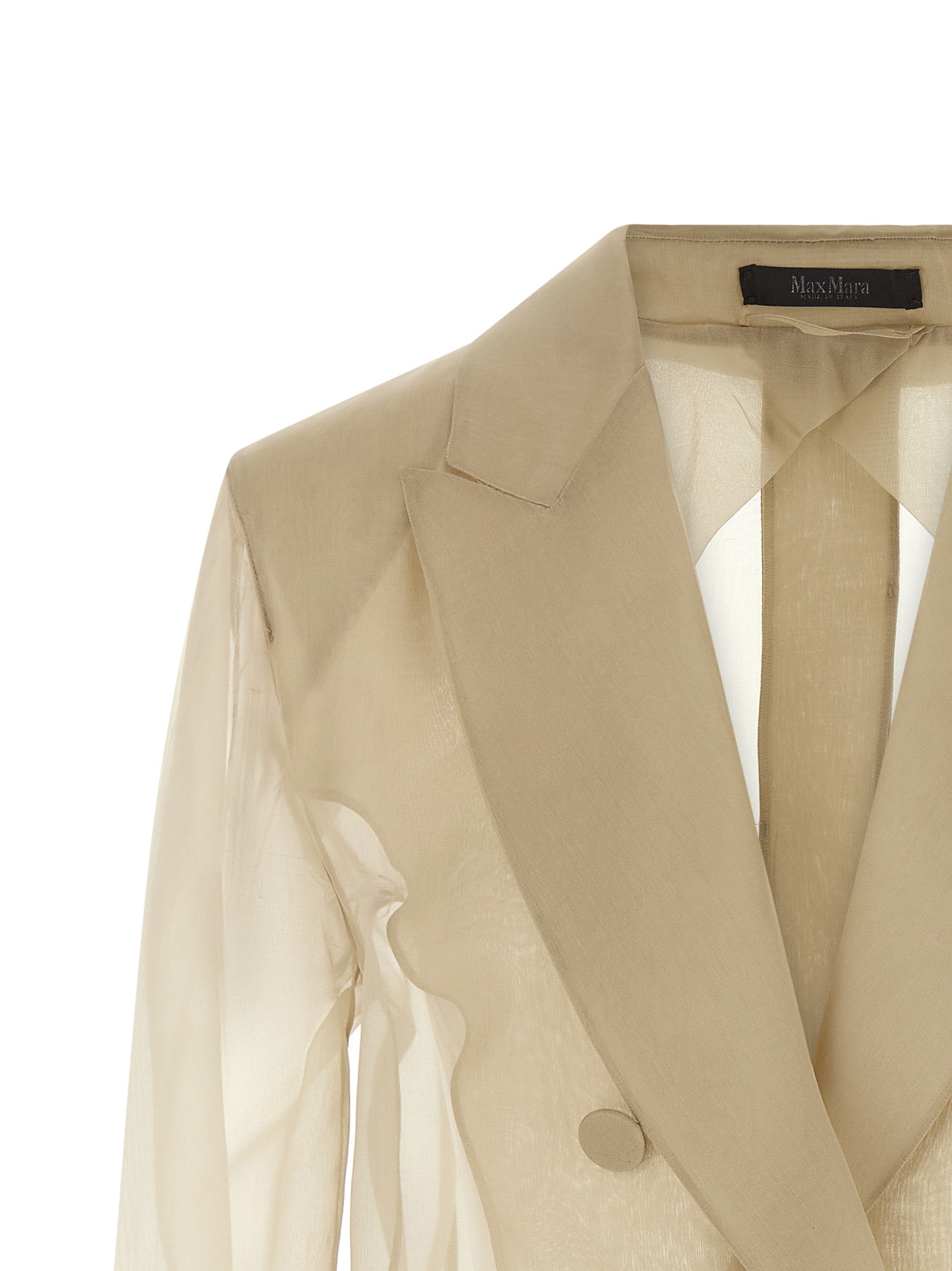 Experience the allure of the Max Mara Beige Silk Blazer, a luxurious statement piece crafted from exquisite silk organza, embodying timeless elegance and sophisticated style.