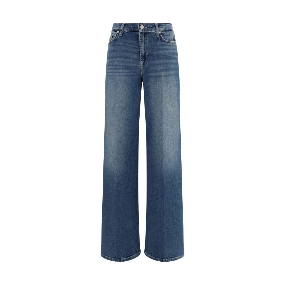 Indulge in the exquisite 7FOR Blue Cotton Flared Jeans, crafted from luxurious high-stretch denim for a flattering silhouette, embodying sophistication and timeless elegance.