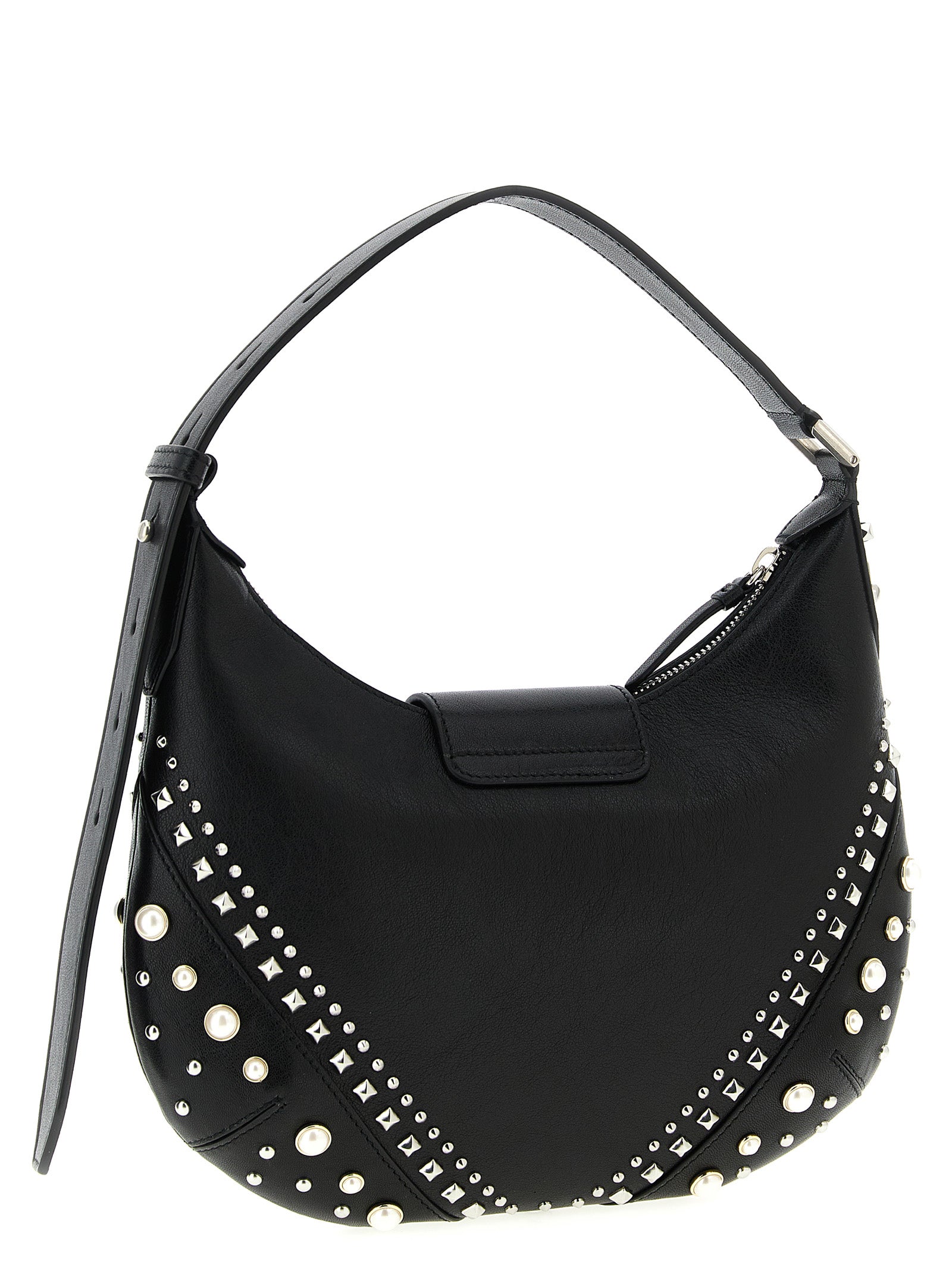 Indulge in the exquisite artistry of the Jimmy Choo White Lamb Leather Shoulder Bag, a luxurious blend of biker lamb leather and striking embellishments, perfect for the discerning fashionista.