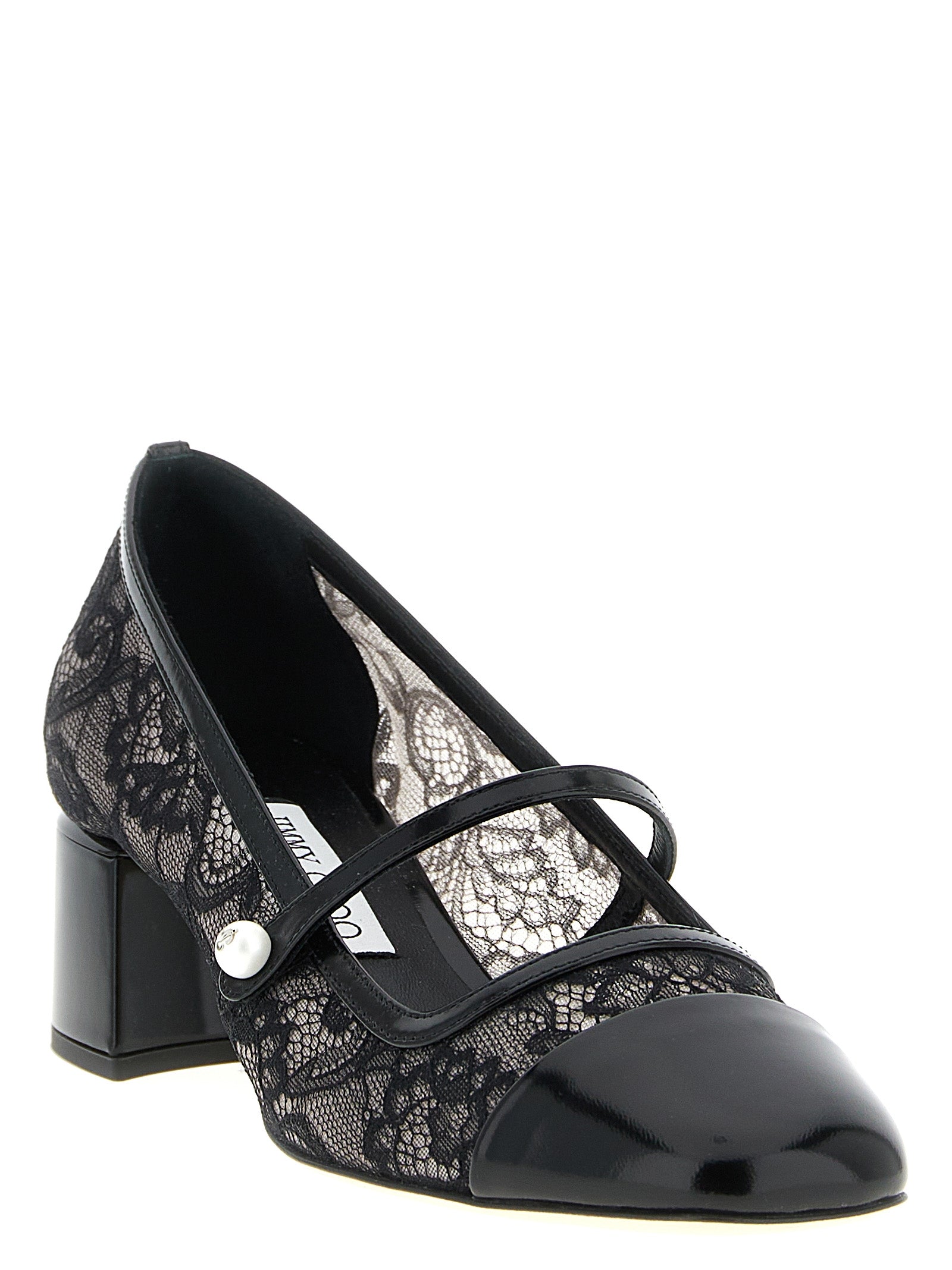 Experience the allure of Jimmy Choo's Black Tencel Mid Heel Pumps, where exquisite lace meets patent leather, embodying timeless elegance for every occasion.